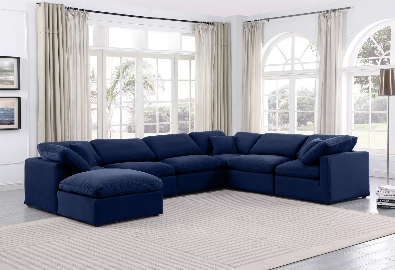 The appearance of Indulge 7 Piece Modular Sectional In Navy Velvet designed by Meridian in the modern / contemporary interior design. This navy velvet piece of furniture was selected by 1StopBedrooms from Indulge Collection to add a touch of cosiness and style into your home. Sku: 147Navy-Armless;147Navy-Armless;147Navy-Armless;147Navy-Corner;147Navy-Corner;147Navy-Corner;147Navy-Ott. Material: Velvet.