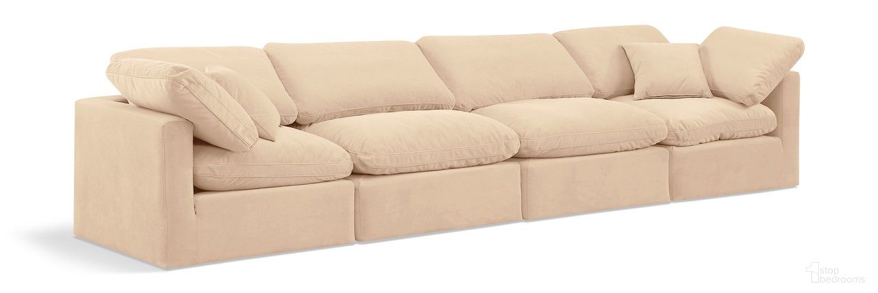 The appearance of Indulge 4 Piece Modular Sofa In Beige Velvet designed by Meridian in the modern / contemporary interior design. This beige velvet piece of furniture  was selected by 1StopBedrooms from Indulge Collection to add a touch of cosiness and style into your home. Sku: 147Beige-Armless;147Beige-Armless;147Beige-Corner;147Beige-Corner. Material: Wood.