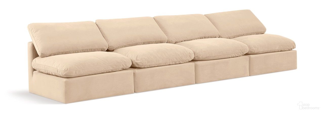 The appearance of Indulge 4 Piece Modular Sofa In Beige Velvet designed by Meridian in the modern / contemporary interior design. This beige velvet piece of furniture  was selected by 1StopBedrooms from Indulge Collection to add a touch of cosiness and style into your home. Sku: 147Beige-Armless;147Beige-Armless;147Beige-Armless;147Beige-Armless. Material: Wood.