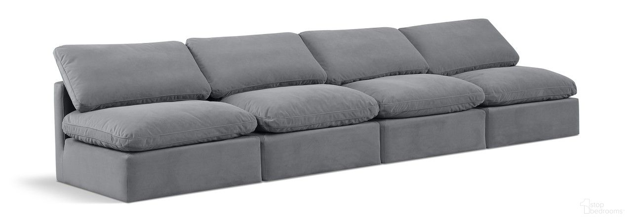 The appearance of Indulge 4 Piece Modular Sofa In Grey Velvet designed by Meridian in the modern / contemporary interior design. This grey velvet piece of furniture was selected by 1StopBedrooms from Indulge Collection to add a touch of cosiness and style into your home. Sku: 147Grey-Armless;147Grey-Armless;147Grey-Armless;147Grey-Armless. Material: Wood.