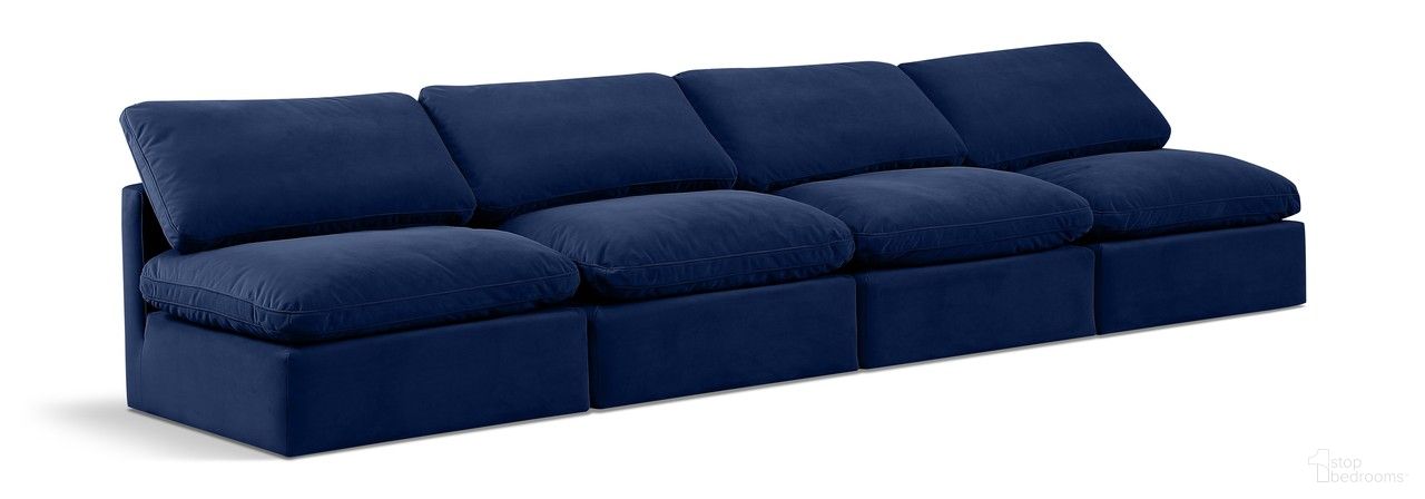 The appearance of Indulge 4 Piece Modular Sofa In Navy Velvet designed by Meridian in the modern / contemporary interior design. This navy velvet piece of furniture was selected by 1StopBedrooms from Indulge Collection to add a touch of cosiness and style into your home. Sku: 147Navy-Armless;147Navy-Armless;147Navy-Armless;147Navy-Armless. Material: Velvet.