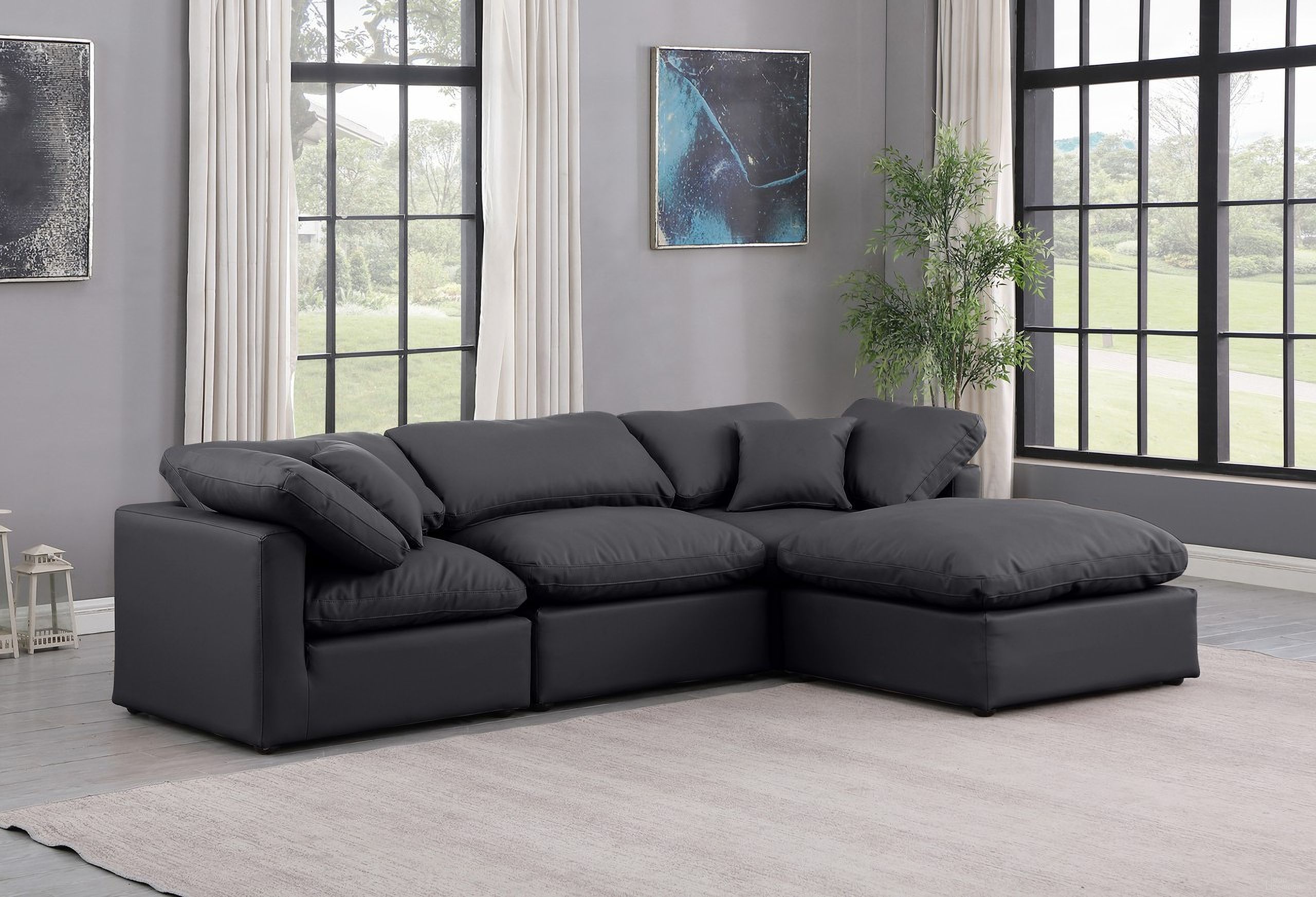 The appearance of Indulge Vegan Leather 4 Piece Modular Sectional In Black designed by Meridian in the modern / contemporary interior design. This black piece of furniture was selected by 1StopBedrooms from Indulge Collection to add a touch of cosiness and style into your home. Sku: 146Black-Armless;146Black-Corner;146Black-Corner;146Black-Ott. Material: Leather.
