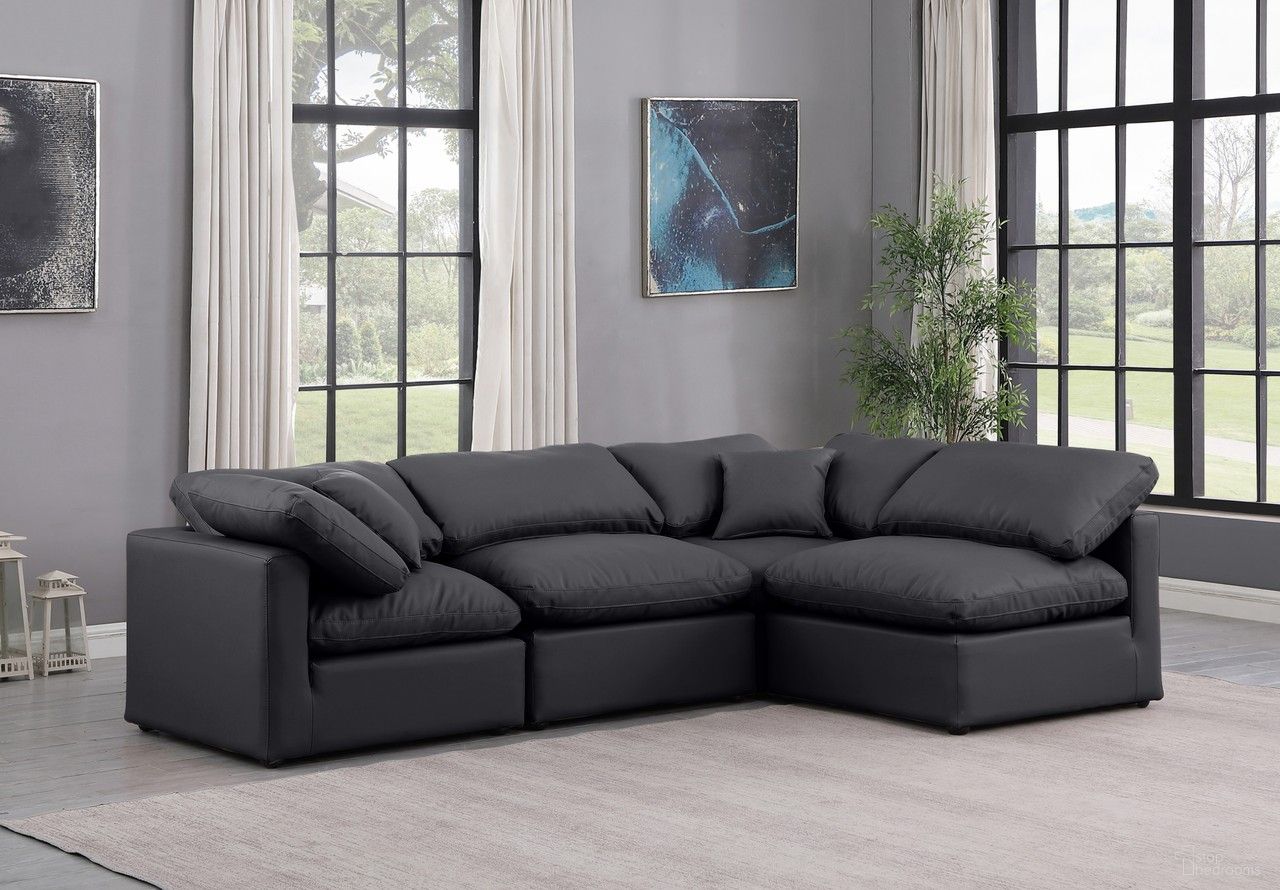The appearance of Indulge Vegan Leather 4 Piece Modular Sectional In Black designed by Meridian in the modern / contemporary interior design. This black piece of furniture was selected by 1StopBedrooms from Indulge Collection to add a touch of cosiness and style into your home. Sku: 146Black-Armless;146Black-Armless;146Black-Corner;146Black-Corner. Material: Leather.