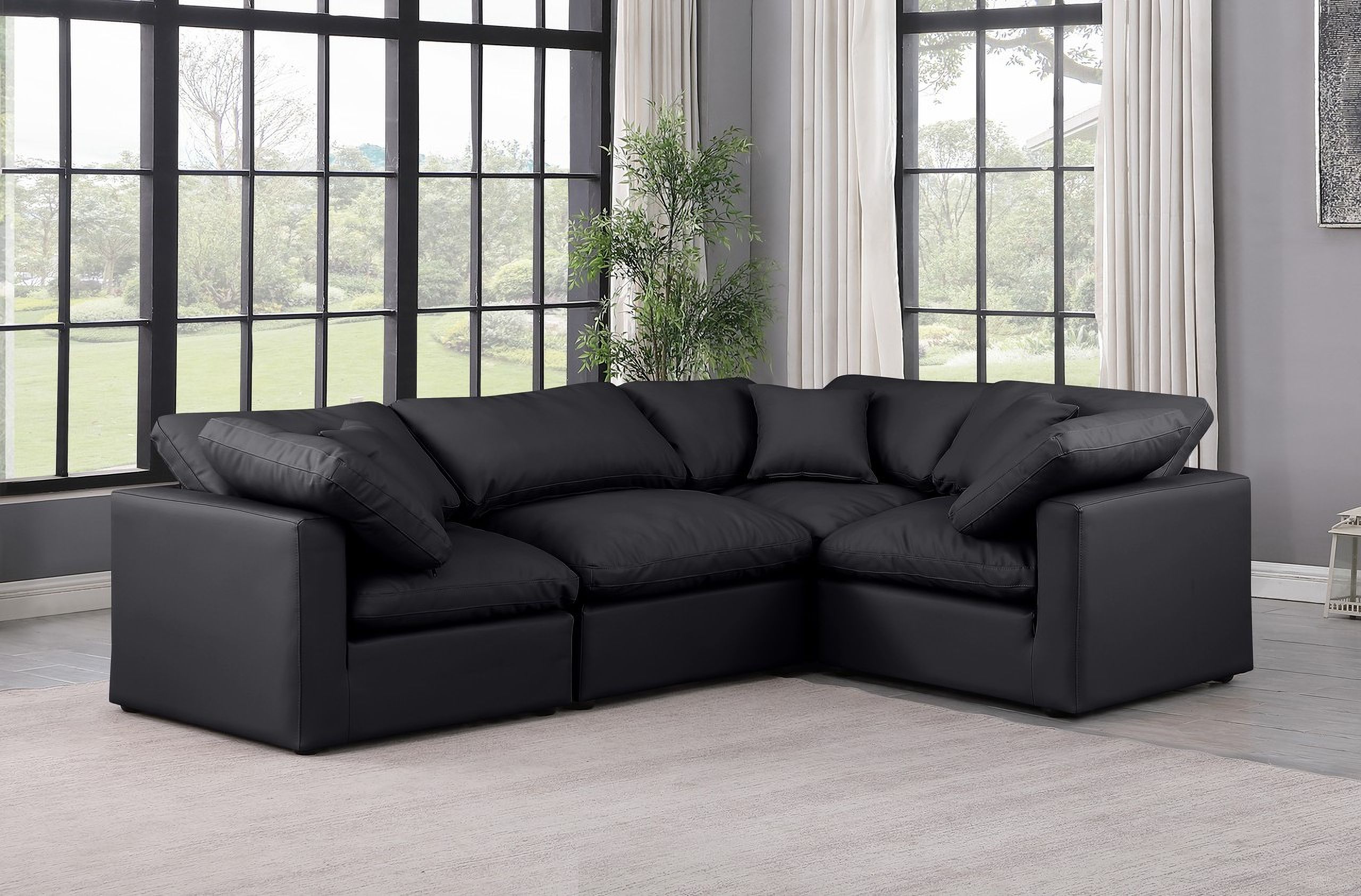 The appearance of Indulge Vegan Leather 4 Piece Modular Sectional In Black designed by Meridian in the modern / contemporary interior design. This black piece of furniture  was selected by 1StopBedrooms from Indulge Collection to add a touch of cosiness and style into your home. Sku: 146Black-Armless;146Black-Corner;146Black-Corner;146Black-Corner. Material: Leather. Layout: L-Shape.