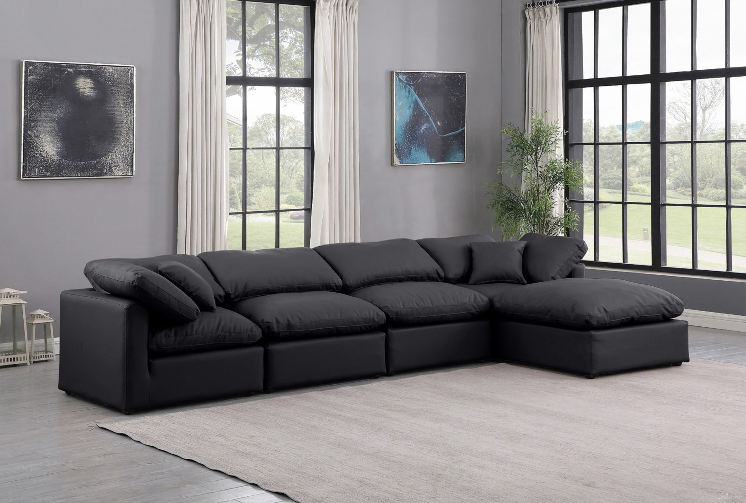 The appearance of Indulge Vegan Leather 5 Piece Modular Sectional In Black designed by Meridian in the modern / contemporary interior design. This black piece of furniture was selected by 1StopBedrooms from Indulge Collection to add a touch of cosiness and style into your home. Sku: 146Black-Armless;146Black-Armless;146Black-Corner;146Black-Corner;146Black-Ott. Material: Leather.