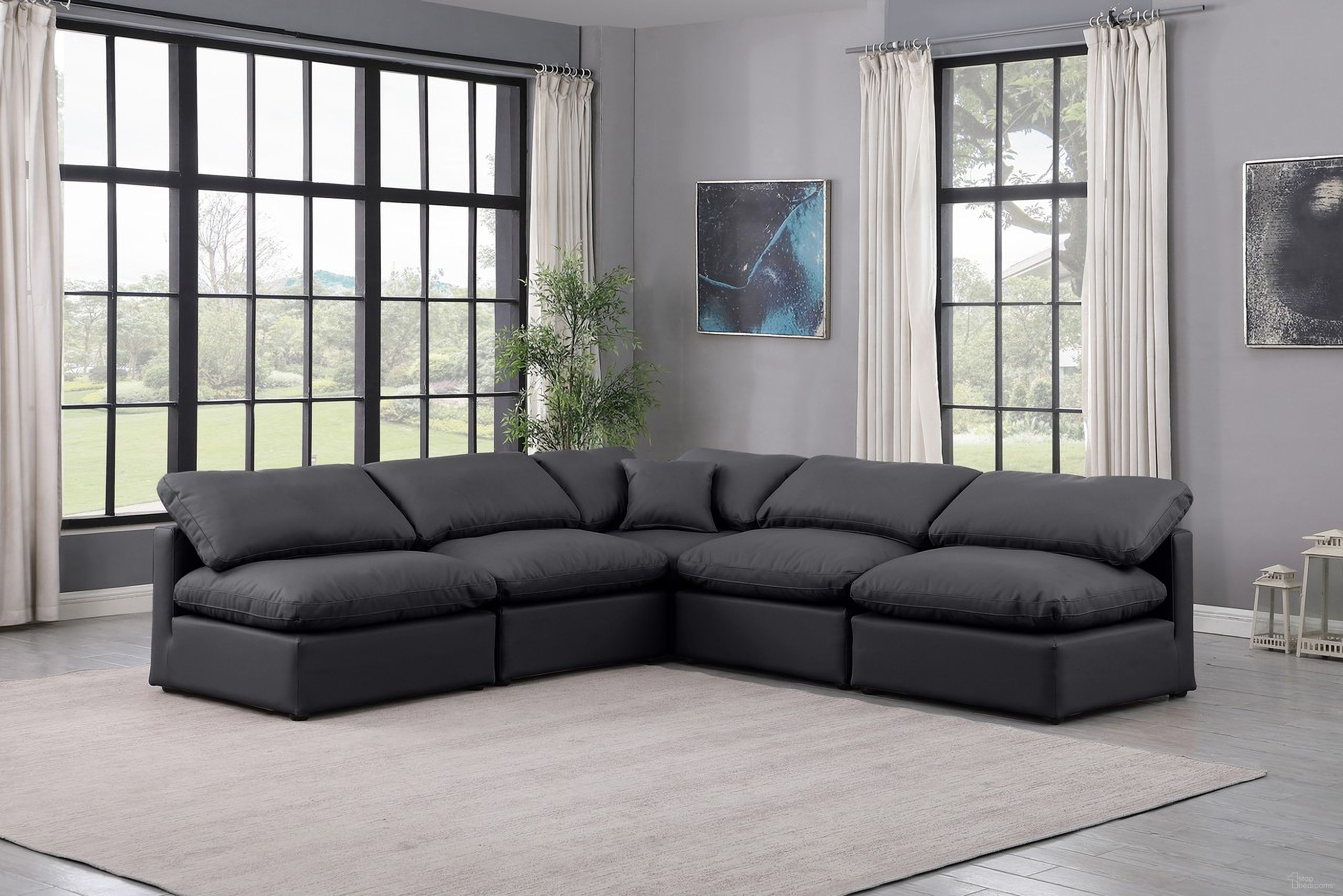The appearance of Indulge Vegan Leather 5 Piece Modular Sectional In Black designed by Meridian in the modern / contemporary interior design. This black piece of furniture was selected by 1StopBedrooms from Indulge Collection to add a touch of cosiness and style into your home. Sku: 146Black-Armless;146Black-Armless;146Black-Armless;146Black-Armless;146Black-Corner. Material: Leather.