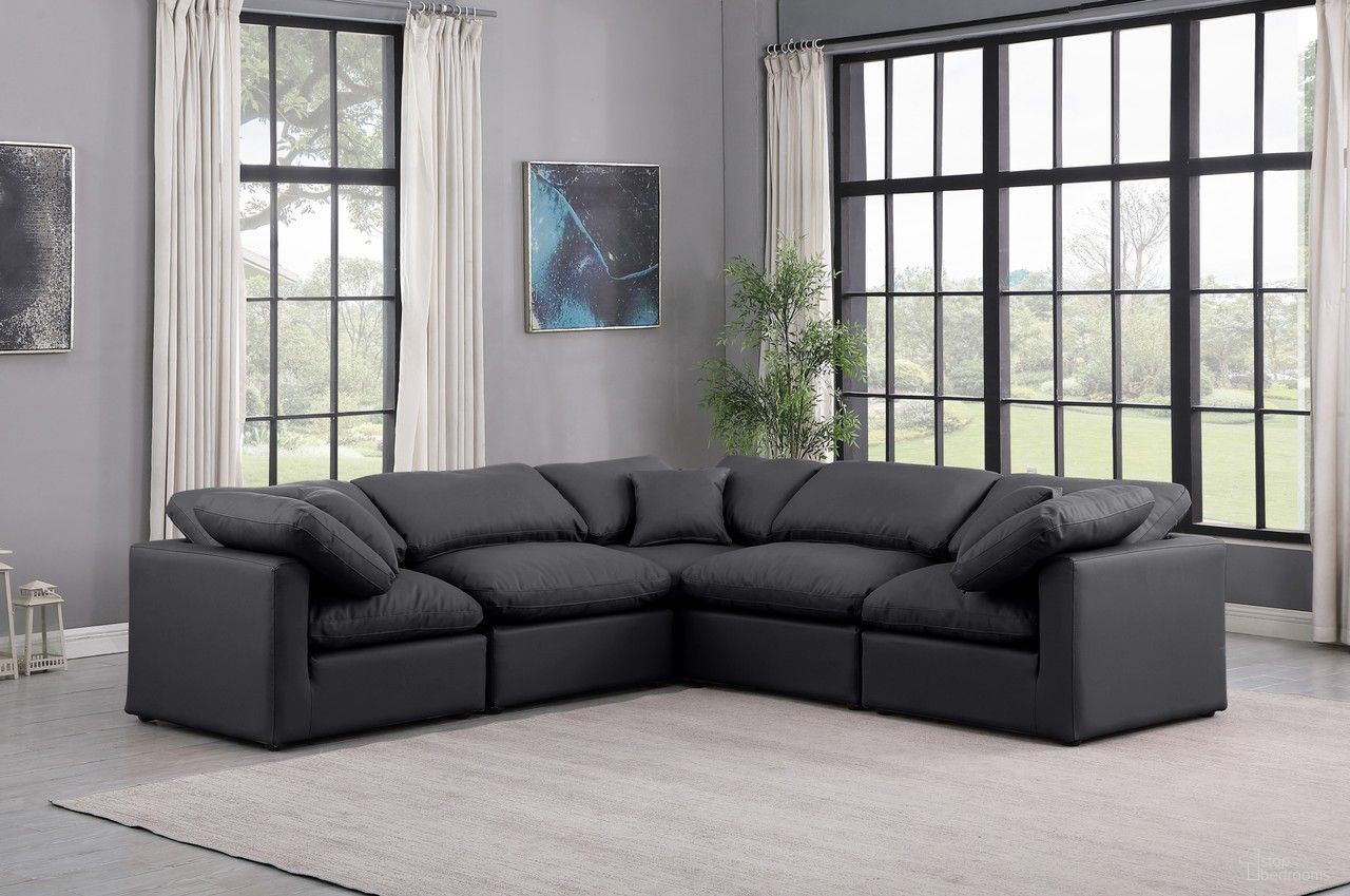 The appearance of Indulge Vegan Leather 5 Piece Modular Sectional In Black designed by Meridian in the modern / contemporary interior design. This black piece of furniture  was selected by 1StopBedrooms from Indulge Collection to add a touch of cosiness and style into your home. Sku: 146Black-Armless;146Black-Armless;146Black-Corner;146Black-Corner;146Black-Corner. Material: Leather. Layout: L-Shape.