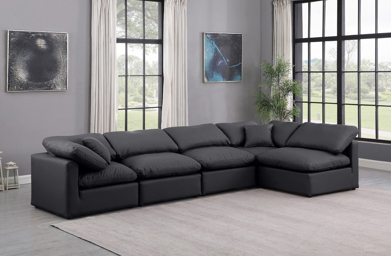 The appearance of Indulge Vegan Leather 5 Piece Modular Sectional In Black designed by Meridian in the modern / contemporary interior design. This black piece of furniture  was selected by 1StopBedrooms from Indulge Collection to add a touch of cosiness and style into your home. Sku: 146Black-Armless;146Black-Armless;146Black-Armless;146Black-Corner;146Black-Corner. Material: Leather. Layout: L-Shape.