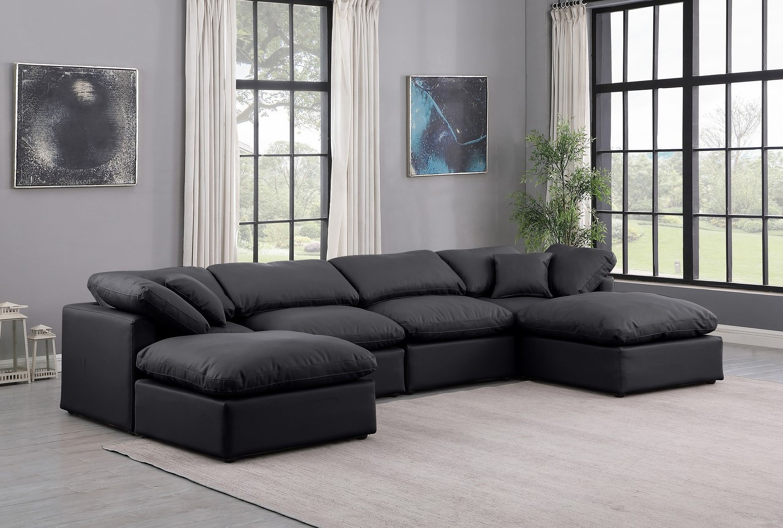 The appearance of Indulge Vegan Leather 6 Piece Modular Sectional In Black designed by Meridian in the modern / contemporary interior design. This black piece of furniture was selected by 1StopBedrooms from Indulge Collection to add a touch of cosiness and style into your home. Sku: 146Black-Armless;146Black-Armless;146Black-Corner;146Black-Corner;146Black-Ott;146Black-Ott. Material: Leather.