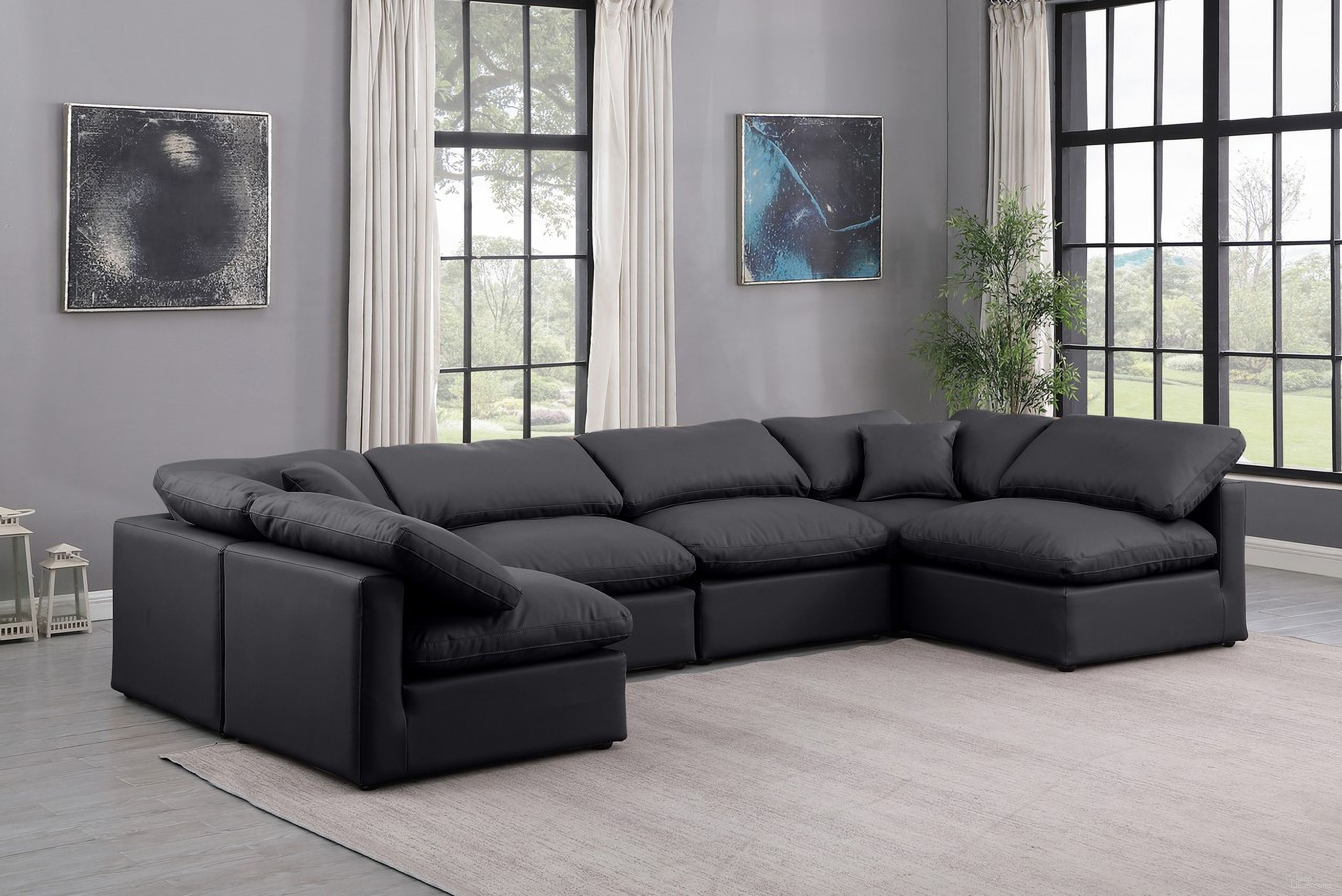 The appearance of Indulge Vegan Leather 6 Piece Modular Sectional In Black designed by Meridian in the modern / contemporary interior design. This black piece of furniture  was selected by 1StopBedrooms from Indulge Collection to add a touch of cosiness and style into your home. Sku: 146Black-Armless;146Black-Armless;146Black-Armless;146Black-Armless;146Black-Corner;146Black-Corner. Material: Leather. Layout: L-Shape.