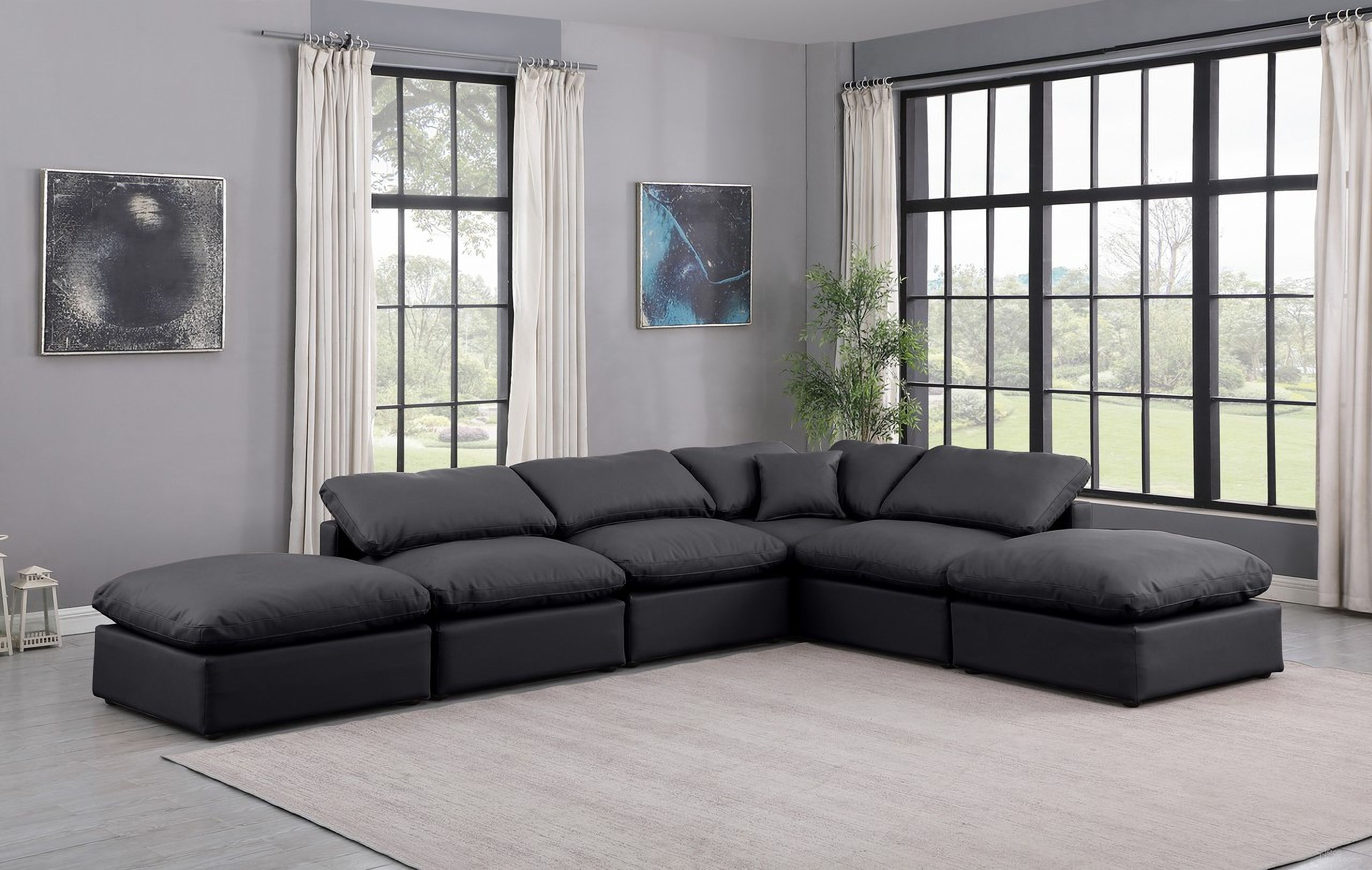 The appearance of Indulge Vegan Leather 6 Piece Modular Sectional In Black designed by Meridian in the modern / contemporary interior design. This black piece of furniture was selected by 1StopBedrooms from Indulge Collection to add a touch of cosiness and style into your home. Sku: 146Black-Armless;146Black-Armless;146Black-Armless;146Black-Corner;146Black-Ott;146Black-Ott. Material: Leather.