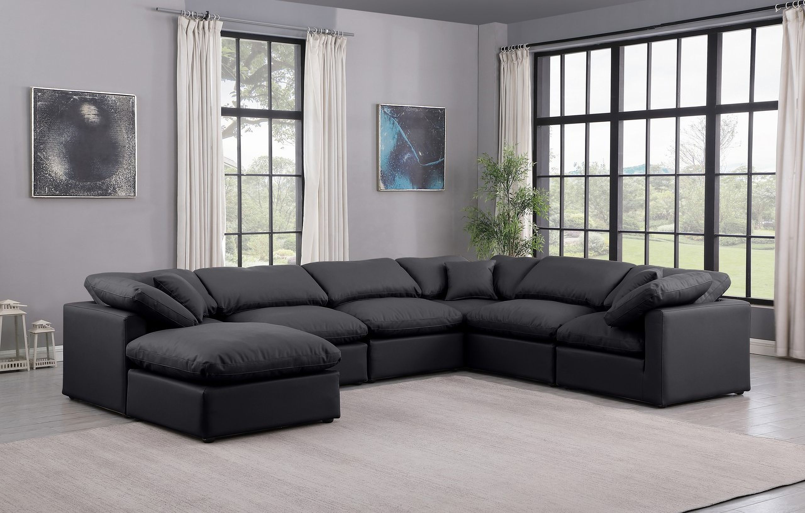 The appearance of Indulge Vegan Leather 7 Piece Modular Sectional In Black designed by Meridian in the modern / contemporary interior design. This black piece of furniture was selected by 1StopBedrooms from Indulge Collection to add a touch of cosiness and style into your home. Sku: 146Black-Armless;146Black-Armless;146Black-Armless;146Black-Corner;146Black-Corner;146Black-Corner;146Black-Ott. Material: Leather.