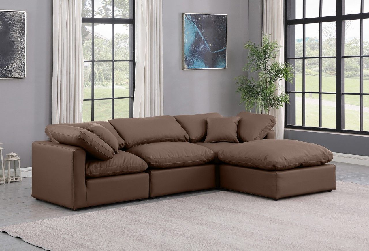 The appearance of Indulge Vegan Leather 4 Piece Modular Sectional In Brown designed by Meridian in the modern / contemporary interior design. This brown piece of furniture  was selected by 1StopBedrooms from Indulge Collection to add a touch of cosiness and style into your home. Sku: 146Brown-Armless;146Brown-Corner;146Brown-Corner;146Brown-Ott. Material: Leather.