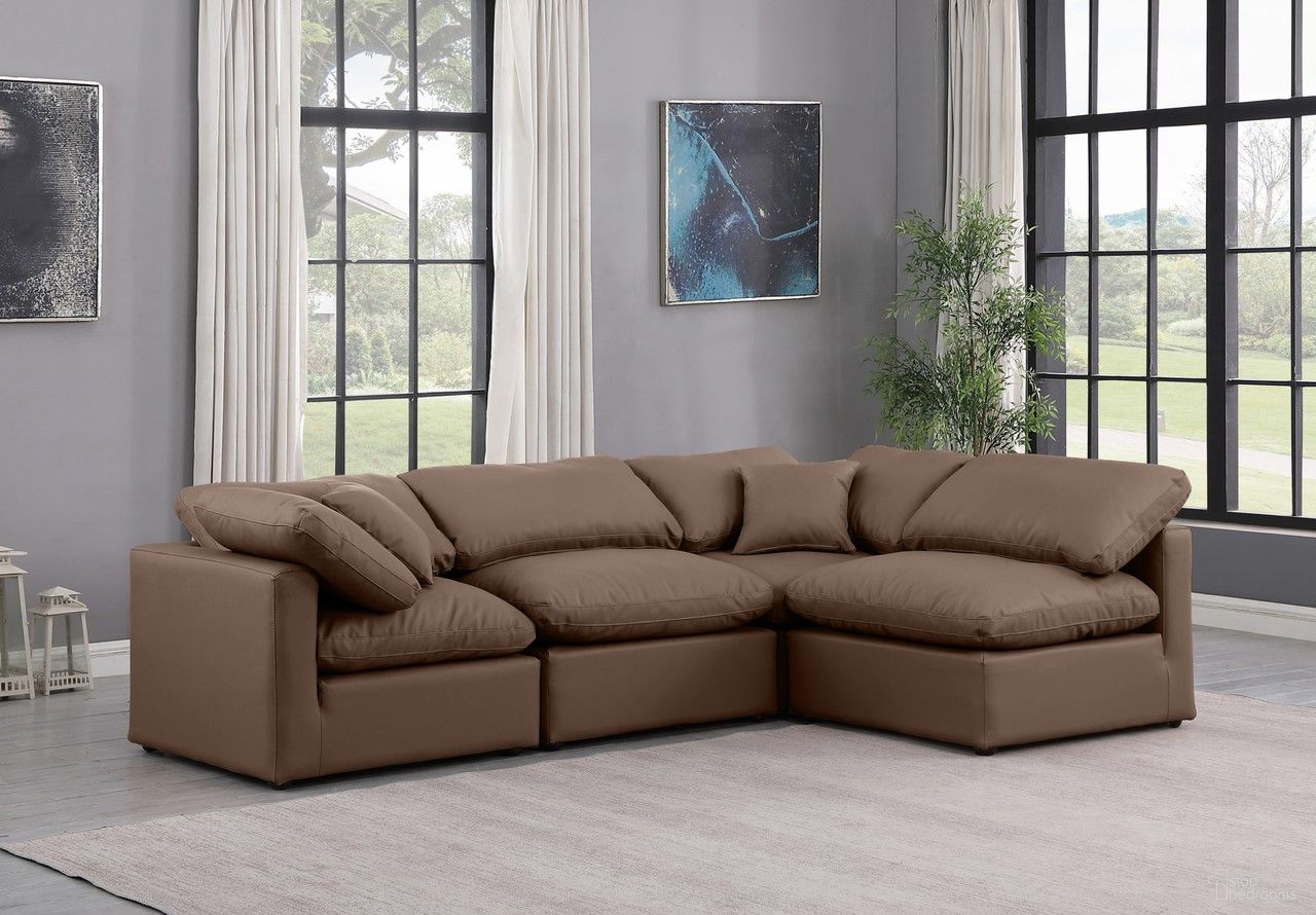 The appearance of Indulge Vegan Leather 4 Piece Modular Sectional In Brown designed by Meridian in the modern / contemporary interior design. This brown piece of furniture was selected by 1StopBedrooms from Indulge Collection to add a touch of cosiness and style into your home. Sku: 146Brown-Armless;146Brown-Armless;146Brown-Corner;146Brown-Corner. Material: Leather.