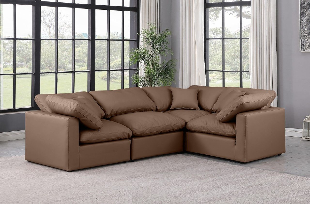 The appearance of Indulge Vegan Leather 4 Piece Modular Sectional In Brown designed by Meridian in the modern / contemporary interior design. This brown piece of furniture was selected by 1StopBedrooms from Indulge Collection to add a touch of cosiness and style into your home. Sku: 146Brown-Armless;146Brown-Corner;146Brown-Corner;146Brown-Corner. Material: Leather. Layout: L-Shape.