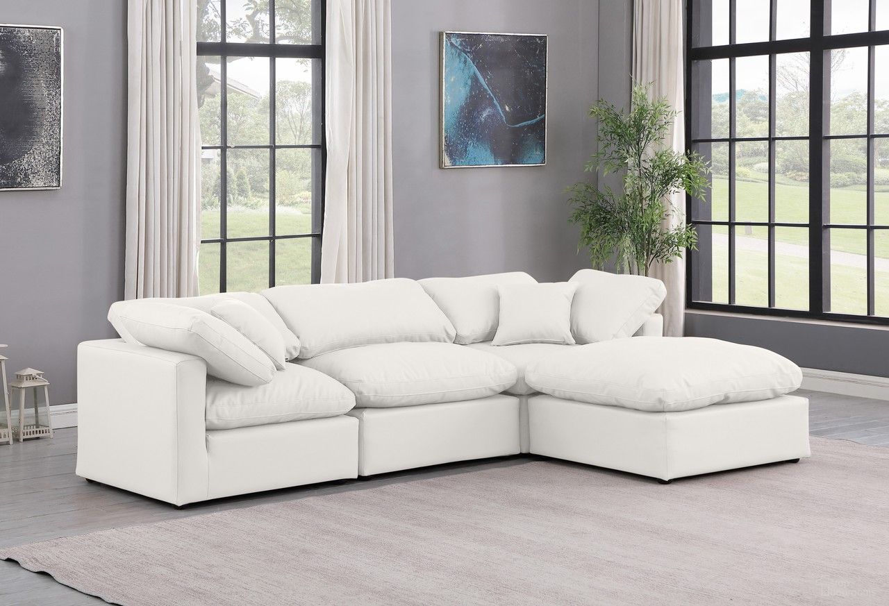 The appearance of Indulge Vegan Leather 4 Piece Modular Sectional In Cream designed by Meridian in the modern / contemporary interior design. This cream piece of furniture was selected by 1StopBedrooms from Indulge Collection to add a touch of cosiness and style into your home. Sku: 146Cream-Armless;146Cream-Corner;146Cream-Corner;146Cream-Ott. Material: Leather.