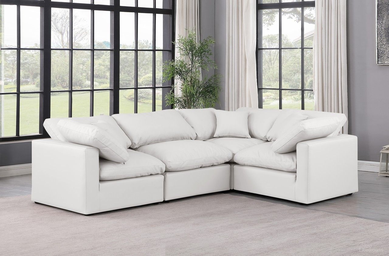 The appearance of Indulge Vegan Leather 4 Piece Modular Sectional In Cream designed by Meridian in the modern / contemporary interior design. This cream piece of furniture  was selected by 1StopBedrooms from Indulge Collection to add a touch of cosiness and style into your home. Sku: 146Cream-Armless;146Cream-Corner;146Cream-Corner;146Cream-Corner. Material: Leather. Layout: L-Shape.