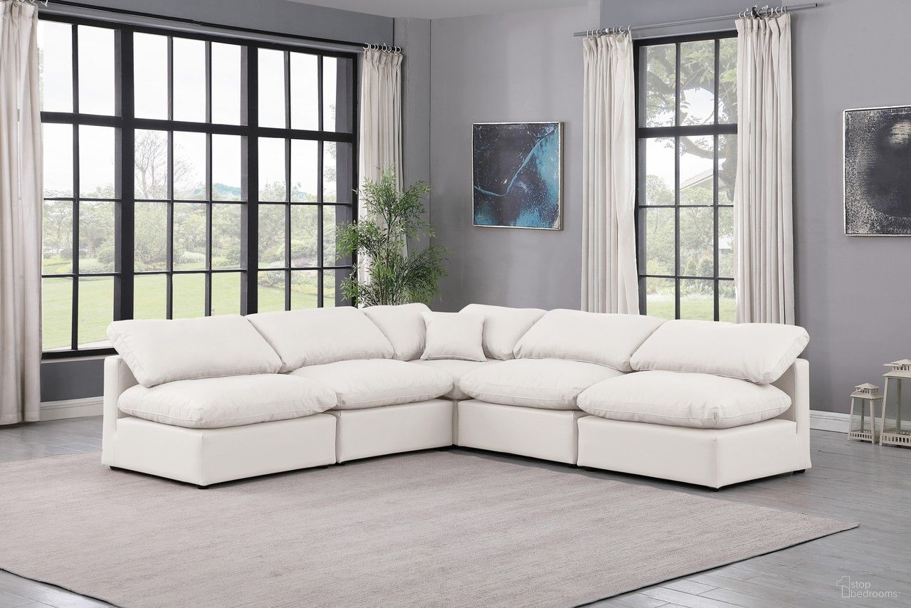 The appearance of Indulge Vegan Leather 5 Piece Modular Sectional In Cream designed by Meridian in the modern / contemporary interior design. This cream piece of furniture was selected by 1StopBedrooms from Indulge Collection to add a touch of cosiness and style into your home. Sku: 146Cream-Armless;146Cream-Armless;146Cream-Armless;146Cream-Armless;146Cream-Corner. Material: Leather.