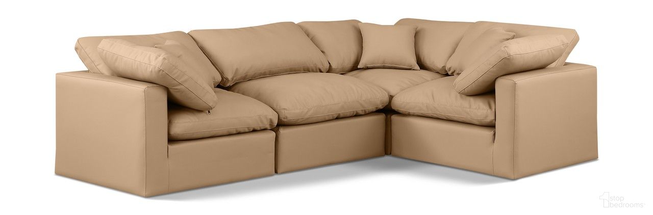 The appearance of Indulge Vegan Leather 4 Piece Modular Sectional In Tan designed by Meridian in the modern / contemporary interior design. This tan piece of furniture was selected by 1StopBedrooms from Indulge Collection to add a touch of cosiness and style into your home. Sku: 146Tan-Armless;146Tan-Corner;146Tan-Corner;146Tan-Corner. Material: Leather. Layout: L-Shape.