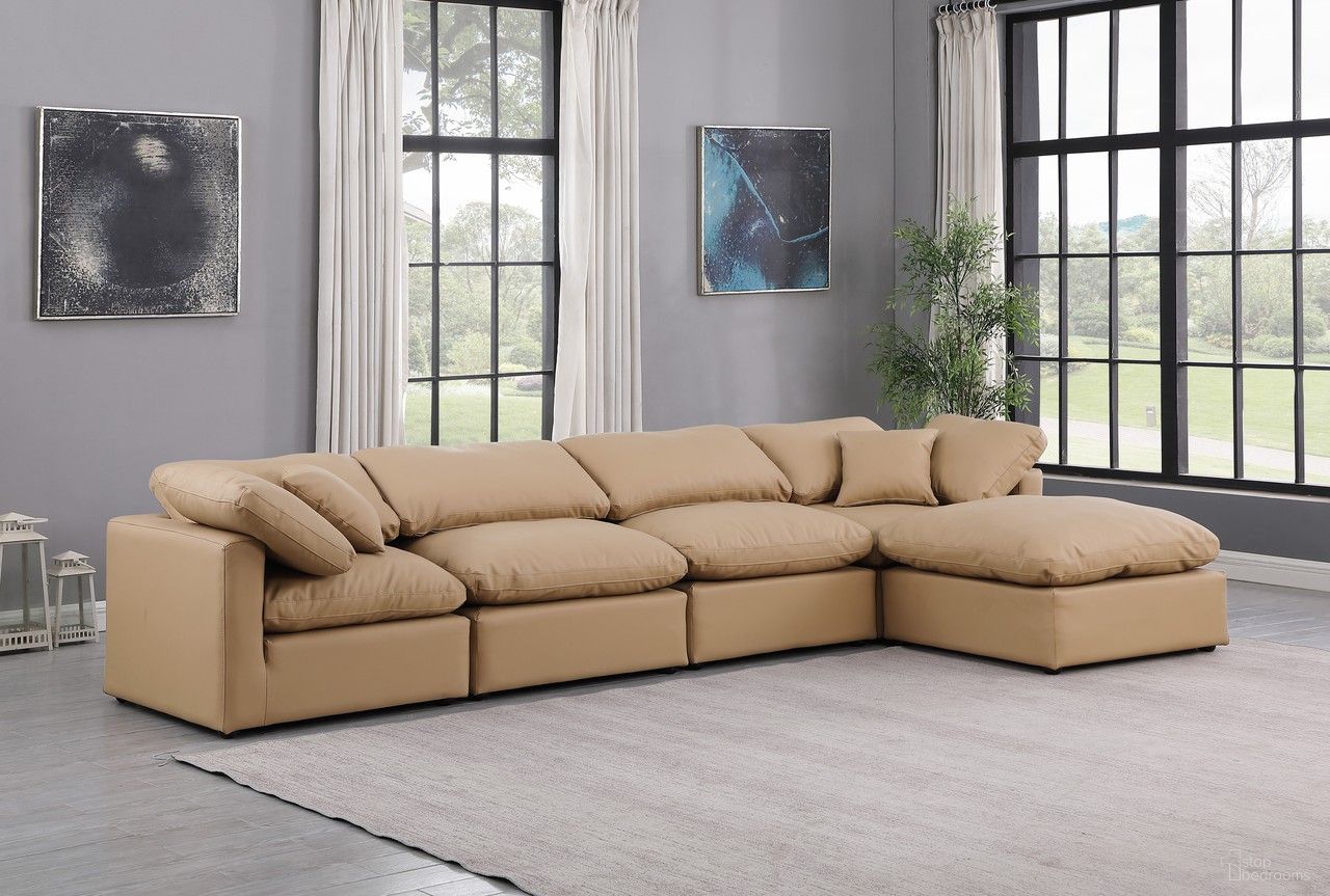 The appearance of Indulge Vegan Leather 5 Piece Modular Sectional In Tan designed by Meridian in the modern / contemporary interior design. This tan piece of furniture was selected by 1StopBedrooms from Indulge Collection to add a touch of cosiness and style into your home. Sku: 146Tan-Armless;146Tan-Armless;146Tan-Corner;146Tan-Corner;146Tan-Ott. Material: Leather.