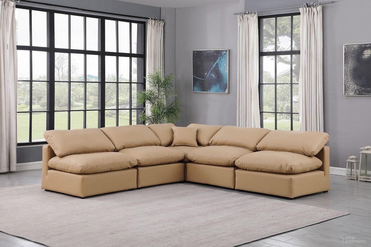 The appearance of Indulge Vegan Leather 5 Piece Modular Sectional In Tan designed by Meridian in the modern / contemporary interior design. This tan piece of furniture was selected by 1StopBedrooms from Indulge Collection to add a touch of cosiness and style into your home. Sku: 146Tan-Armless;146Tan-Armless;146Tan-Armless;146Tan-Armless;146Tan-Corner. Material: Leather.