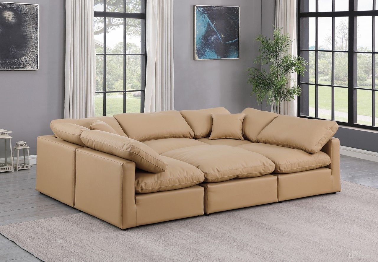 The appearance of Indulge Vegan Leather 6 Piece Modular Sectional In Tan designed by Meridian in the modern / contemporary interior design. This tan piece of furniture was selected by 1StopBedrooms from Indulge Collection to add a touch of cosiness and style into your home. Sku: 146Tan-Armless;146Tan-Armless;146Tan-Armless;146Tan-Corner;146Tan-Corner;146Tan-Ott. Material: Leather.