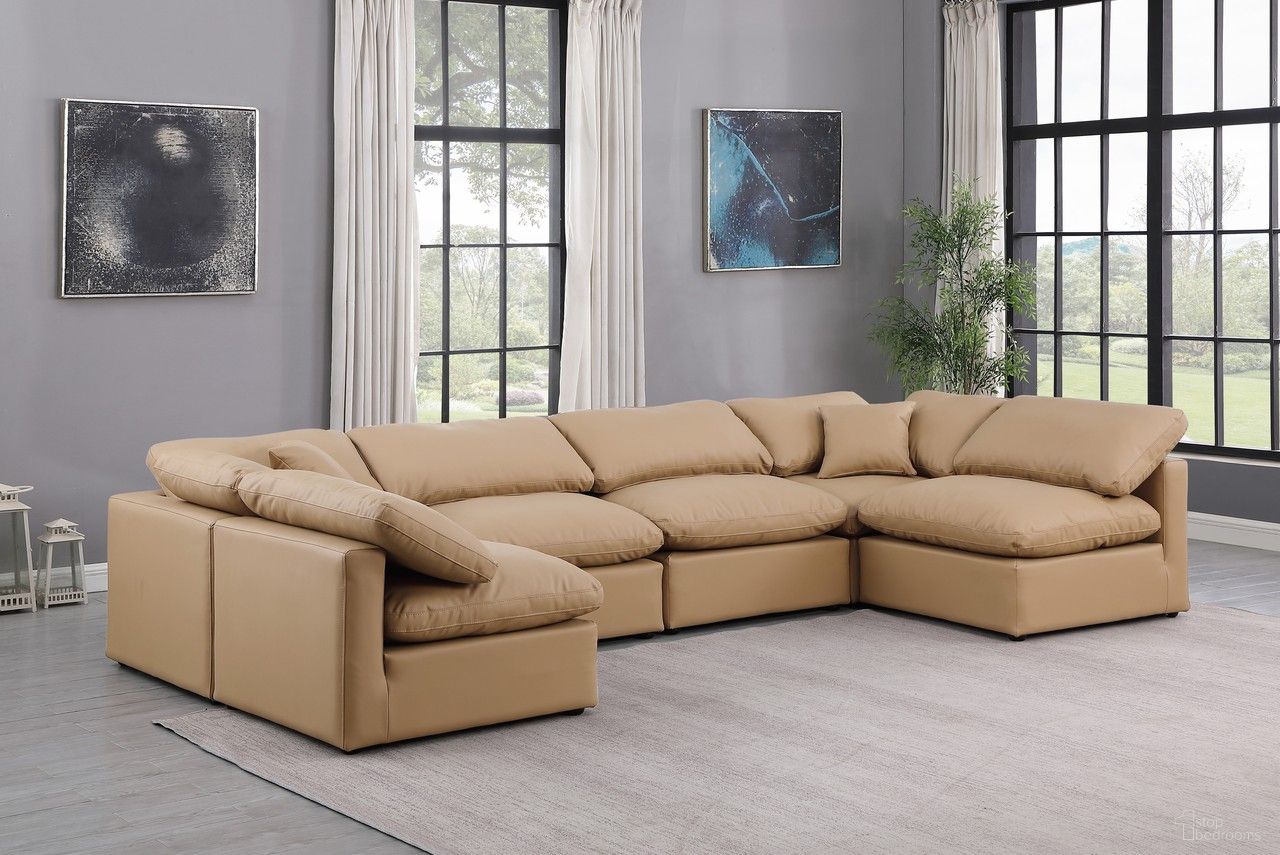 The appearance of Indulge Vegan Leather 6 Piece Modular Sectional In Tan designed by Meridian in the modern / contemporary interior design. This tan piece of furniture was selected by 1StopBedrooms from Indulge Collection to add a touch of cosiness and style into your home. Sku: 146Tan-Armless;146Tan-Armless;146Tan-Armless;146Tan-Armless;146Tan-Corner;146Tan-Corner. Material: Leather. Layout: L-Shape.