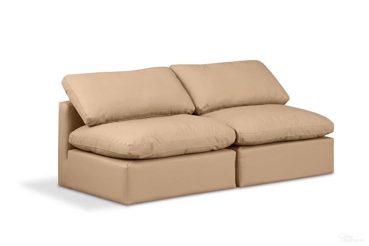 The appearance of Indulge Vegan Leather 2 Piece Modular Sofa In Tan designed by Meridian in the modern / contemporary interior design. This tan piece of furniture  was selected by 1StopBedrooms from Indulge Collection to add a touch of cosiness and style into your home. Sku: 146Tan-Armless;146Tan-Armless. Material: Wood.