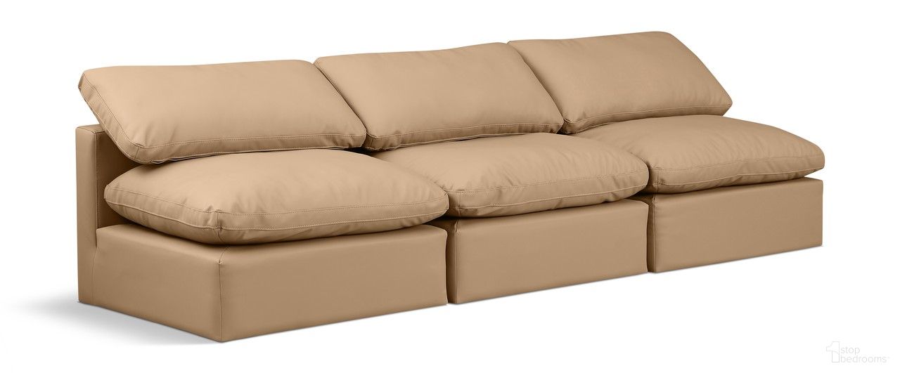 The appearance of Indulge Vegan Leather 3 Piece Modular Sofa In Tan designed by Meridian in the modern / contemporary interior design. This tan piece of furniture  was selected by 1StopBedrooms from Indulge Collection to add a touch of cosiness and style into your home. Sku: 146Tan-Armless;146Tan-Armless;146Tan-Armless. Material: Wood.