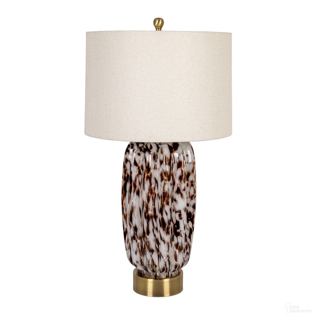 Ines 30 Inch Tortoise Art Glass Table Lamp with Linen Drum Shade In Cream and Brown