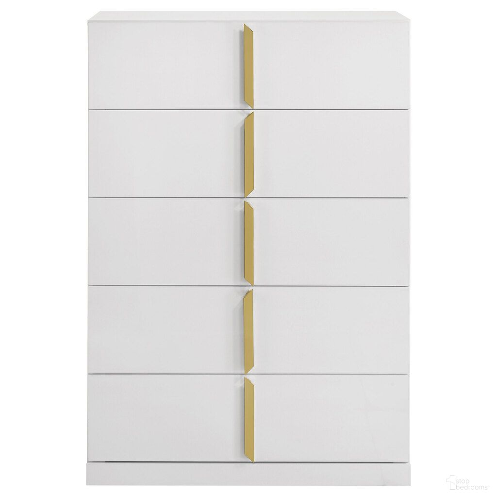 The appearance of Ines 5-Drawer Bedroom Chest of Drawers In White High Gloss designed by Coaster in the modern / contemporary interior design. This white high gloss piece of furniture was selected by 1StopBedrooms from Ines Collection to add a touch of cosiness and style into your home. Sku: 223095. Material: MDF.