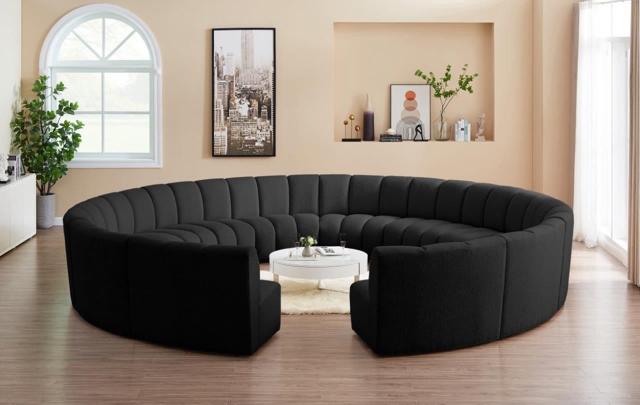 The appearance of Infinity 12-Piece Boucle Fabric Modular Sectional In Black designed by Meridian in the modern / contemporary interior design. This black piece of furniture was selected by 1StopBedrooms from Infinity Collection to add a touch of cosiness and style into your home. Sku: 643Black-C;643Black-C;643Black-C;643Black-C;643Black-C;643Black-C;643Black-C;643Black-C;643Black-C;643Black-C;643Black-C;643Black-C. Material: Wood. Layout: Curved.