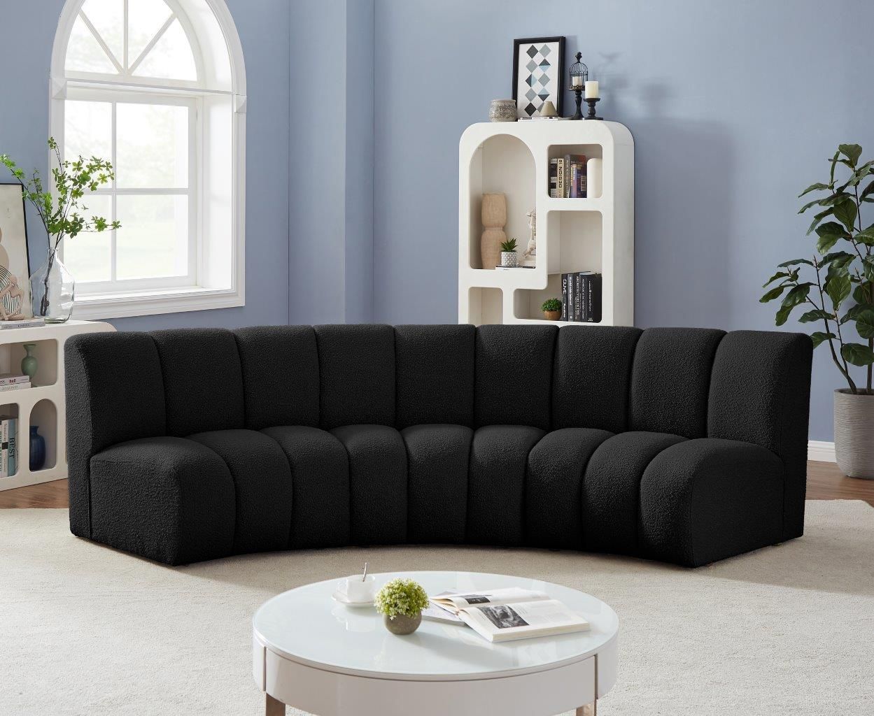 The appearance of Infinity 3-Piece Boucle Fabric Modular Sectional In Black designed by Meridian in the modern / contemporary interior design. This black piece of furniture was selected by 1StopBedrooms from Infinity Collection to add a touch of cosiness and style into your home. Sku: 643Black-C;643Black-C;643Black-C. Material: Wood. Layout: Curved.