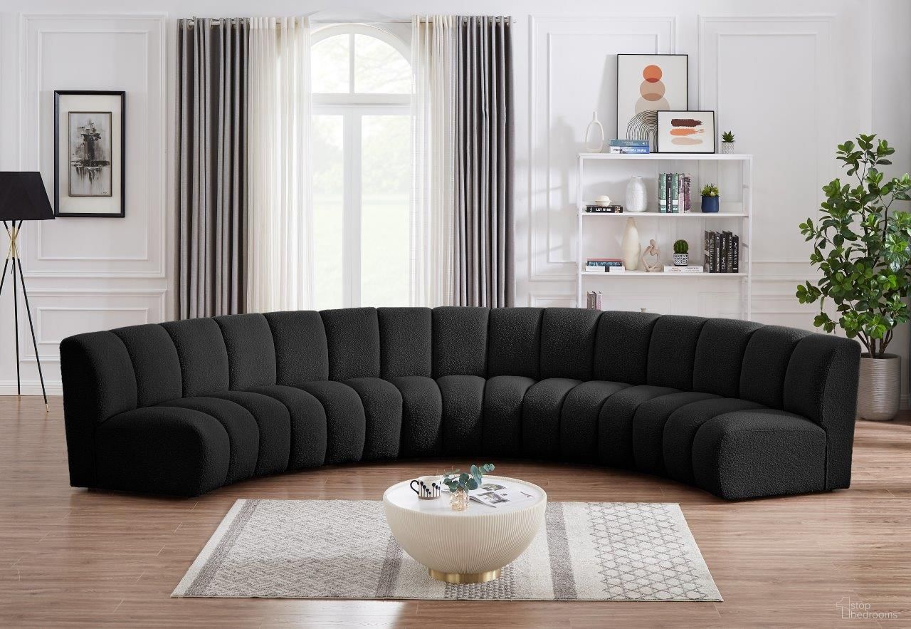 The appearance of Infinity 5-Piece Boucle Fabric Modular Sectional In Black designed by Meridian in the modern / contemporary interior design. This black piece of furniture  was selected by 1StopBedrooms from Infinity Collection to add a touch of cosiness and style into your home. Sku: 643Black-C;643Black-C;643Black-C;643Black-C;643Black-C. Material: Wood. Layout: Curved.