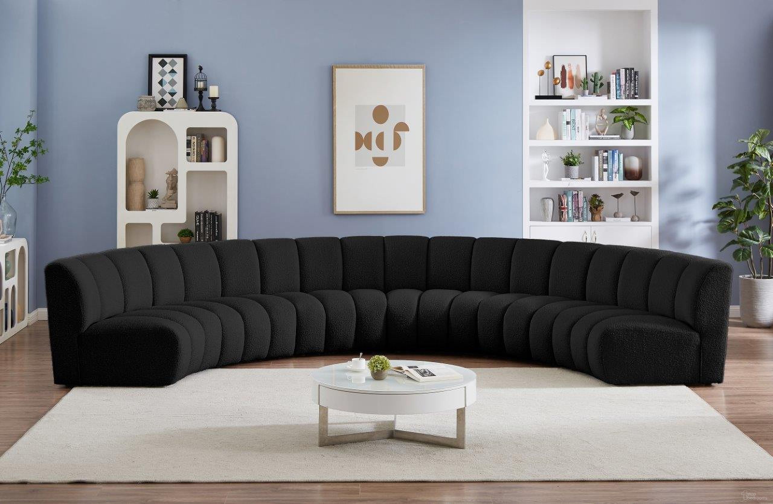 The appearance of Infinity 6-Piece Boucle Fabric Modular Sectional In Black designed by Meridian in the modern / contemporary interior design. This black piece of furniture  was selected by 1StopBedrooms from Infinity Collection to add a touch of cosiness and style into your home. Sku: 643Black-C;643Black-C;643Black-C;643Black-C;643Black-C;643Black-C. Material: Wood. Layout: Curved.