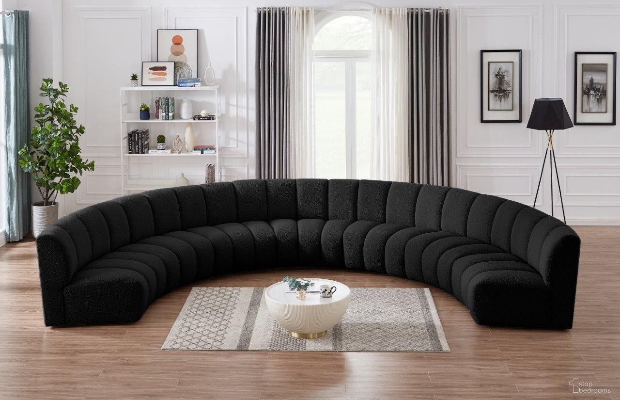 The appearance of Infinity 7-Piece Boucle Fabric Modular Sectional In Black designed by Meridian in the modern / contemporary interior design. This black piece of furniture  was selected by 1StopBedrooms from Infinity Collection to add a touch of cosiness and style into your home. Sku: 643Black-C;643Black-C;643Black-C;643Black-C;643Black-C;643Black-C;643Black-C. Material: Wood. Layout: Curved.