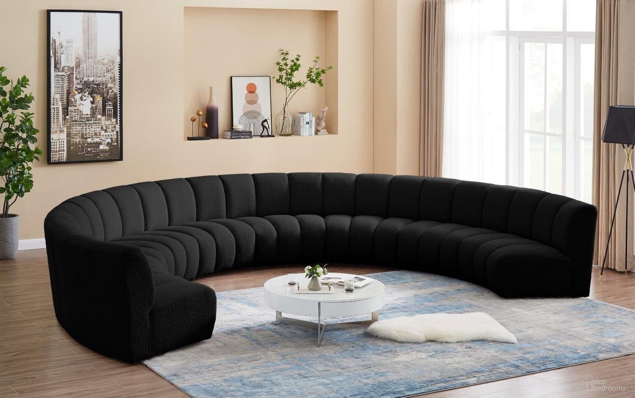 The appearance of Infinity 8-Piece Boucle Fabric Modular Sectional In Black designed by Meridian in the modern / contemporary interior design. This black piece of furniture  was selected by 1StopBedrooms from Infinity Collection to add a touch of cosiness and style into your home. Sku: 643Black-C;643Black-C;643Black-C;643Black-C;643Black-C;643Black-C;643Black-C;643Black-C. Material: Wood. Layout: Curved.