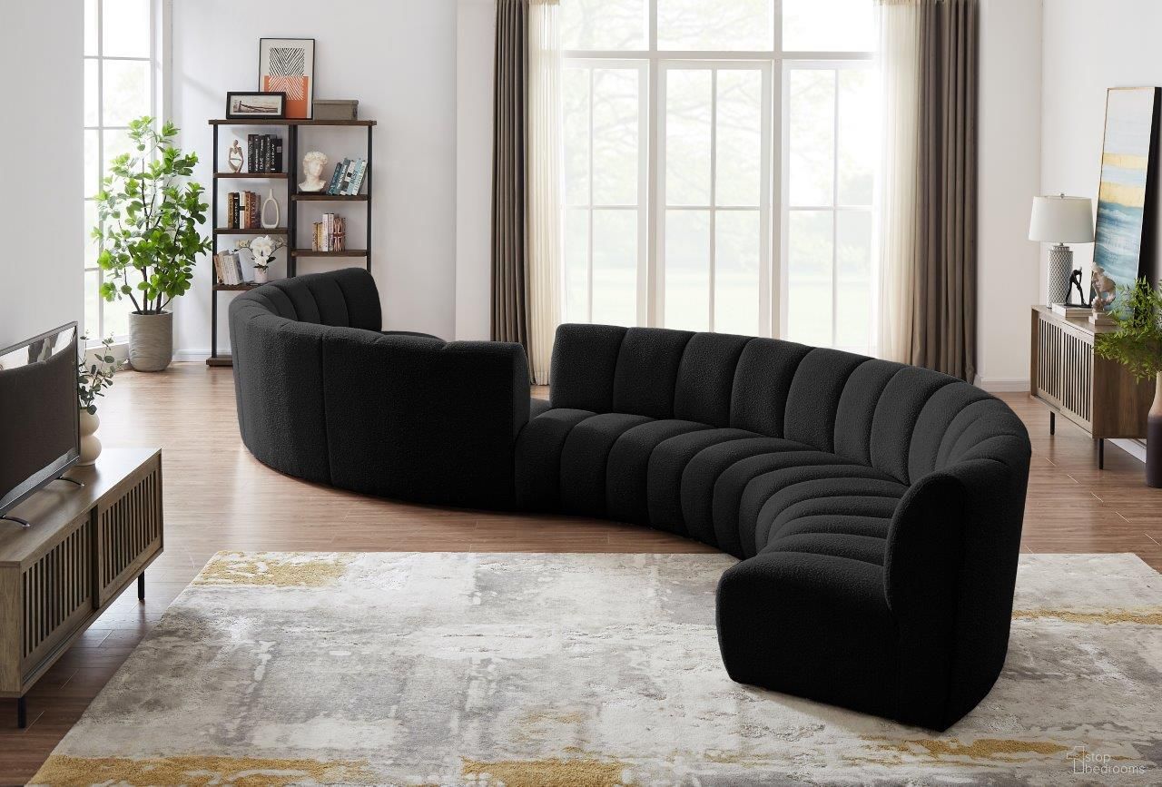 The appearance of Infinity 8-Piece Boucle Fabric Modular Sectional In Black designed by Meridian in the modern / contemporary interior design. This black piece of furniture was selected by 1StopBedrooms from Infinity Collection to add a touch of cosiness and style into your home. Sku: 643Black-C;643Black-C;643Black-C;643Black-C;643Black-C;643Black-C;643Black-C;643Black-C. Material: Wood. Layout: Curved.