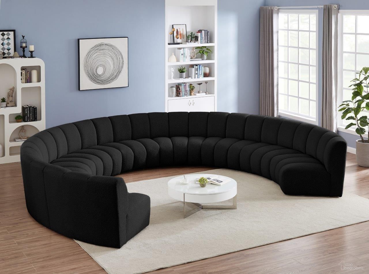 The appearance of Infinity 9-Piece Boucle Fabric Modular Sectional In Black designed by Meridian in the modern / contemporary interior design. This black piece of furniture was selected by 1StopBedrooms from Infinity Collection to add a touch of cosiness and style into your home. Sku: 643Black-C;643Black-C;643Black-C;643Black-C;643Black-C;643Black-C;643Black-C;643Black-C;643Black-C. Material: Wood. Layout: Curved.