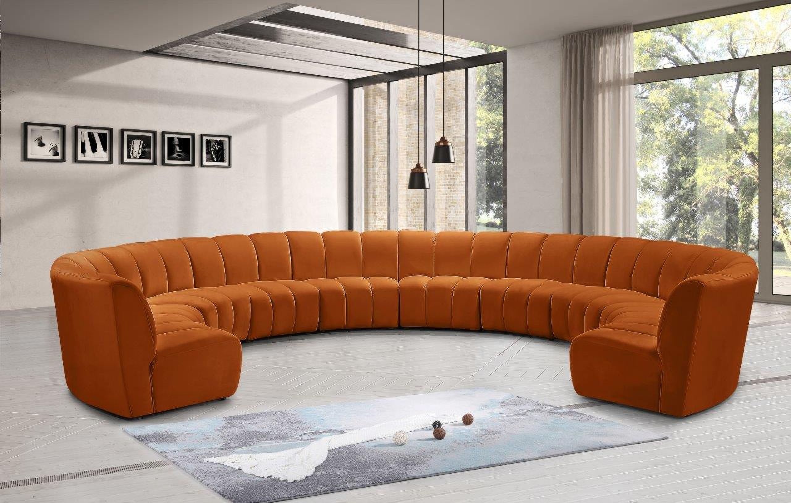 The appearance of Infinity 10-Piece Velvet Modular Sectional In Cognac designed by Meridian in the modern / contemporary interior design. This cognac piece of furniture  was selected by 1StopBedrooms from Infinity Collection to add a touch of cosiness and style into your home. Sku: 638Cognac-C;638Cognac-C;638Cognac-C;638Cognac-C;638Cognac-C;638Cognac-C;638Cognac-C;638Cognac-C;638Cognac-C;638Cognac-C. Material: Velvet. Layout: Curved.