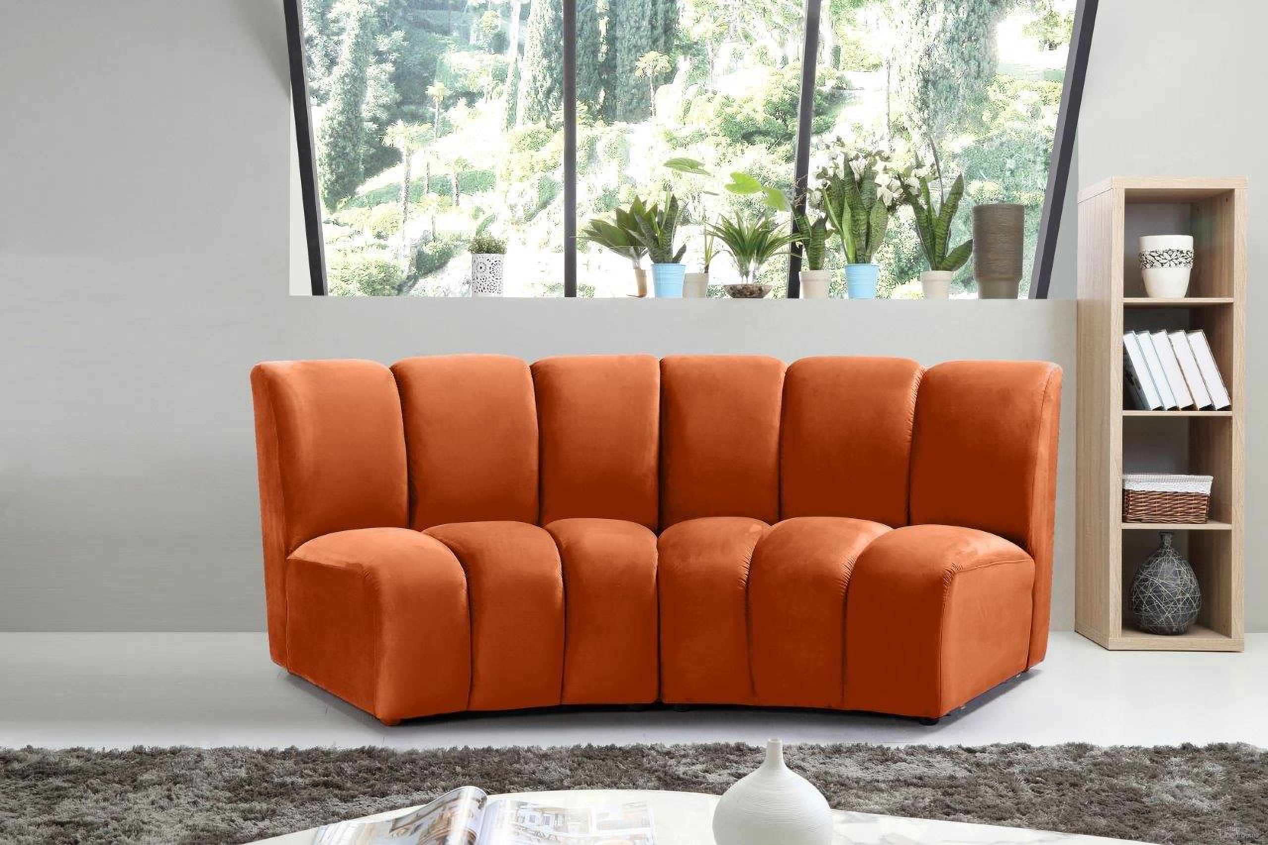 The appearance of Infinity 2-Piece Velvet Modular Sectional In Cognac designed by Meridian in the modern / contemporary interior design. This cognac piece of furniture was selected by 1StopBedrooms from Infinity Collection to add a touch of cosiness and style into your home. Sku: 638Cognac-C;638Cognac-C. Material: Velvet. Layout: Curved.