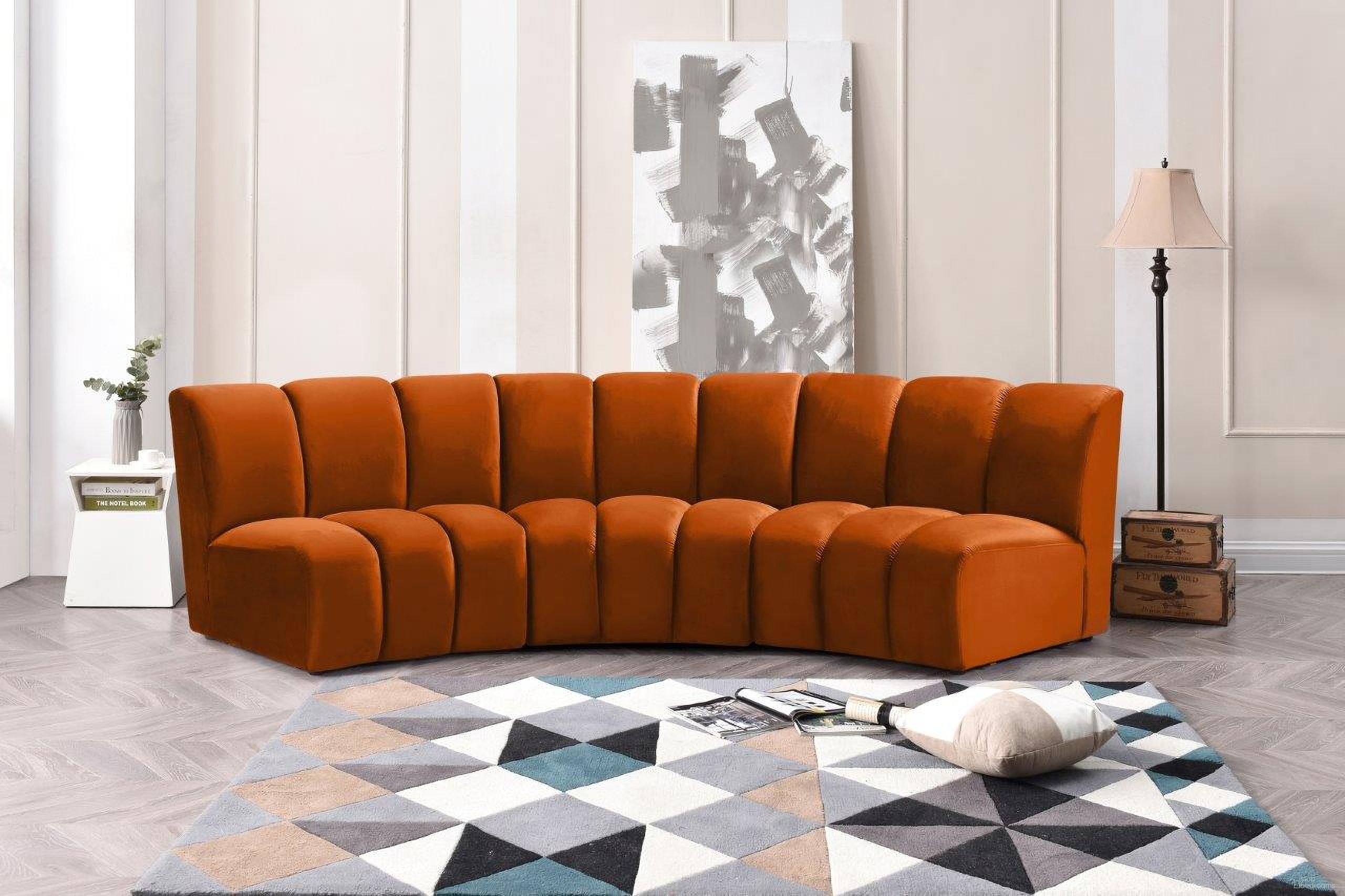 The appearance of Infinity 3-Piece Velvet Modular Sectional In Cognac designed by Meridian in the modern / contemporary interior design. This cognac piece of furniture  was selected by 1StopBedrooms from Infinity Collection to add a touch of cosiness and style into your home. Sku: 638Cognac-C;638Cognac-C;638Cognac-C. Material: Velvet. Layout: Curved.