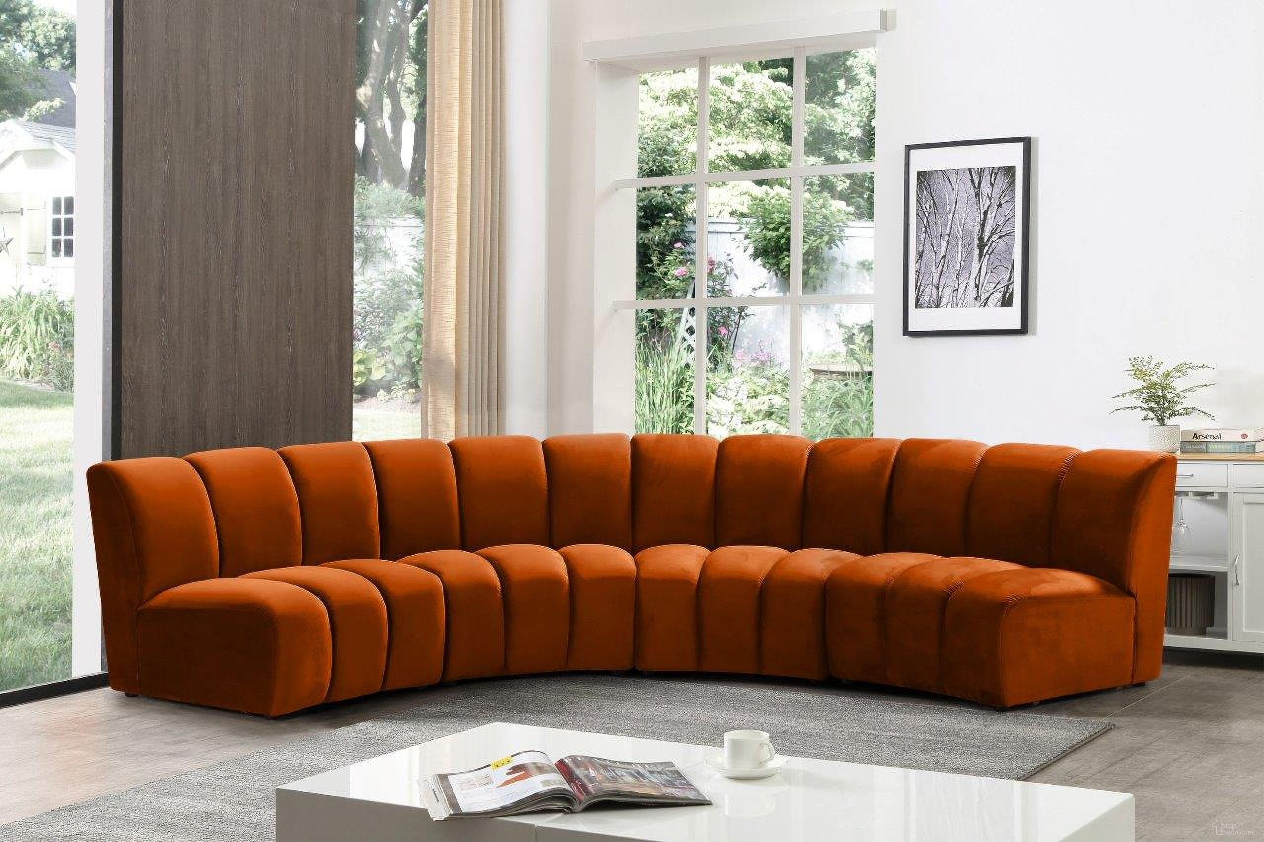 The appearance of Infinity 4-Piece Velvet Modular Sectional In Cognac designed by Meridian in the modern / contemporary interior design. This cognac piece of furniture  was selected by 1StopBedrooms from Infinity Collection to add a touch of cosiness and style into your home. Sku: 638Cognac-C;638Cognac-C;638Cognac-C;638Cognac-C. Material: Velvet. Layout: Curved.