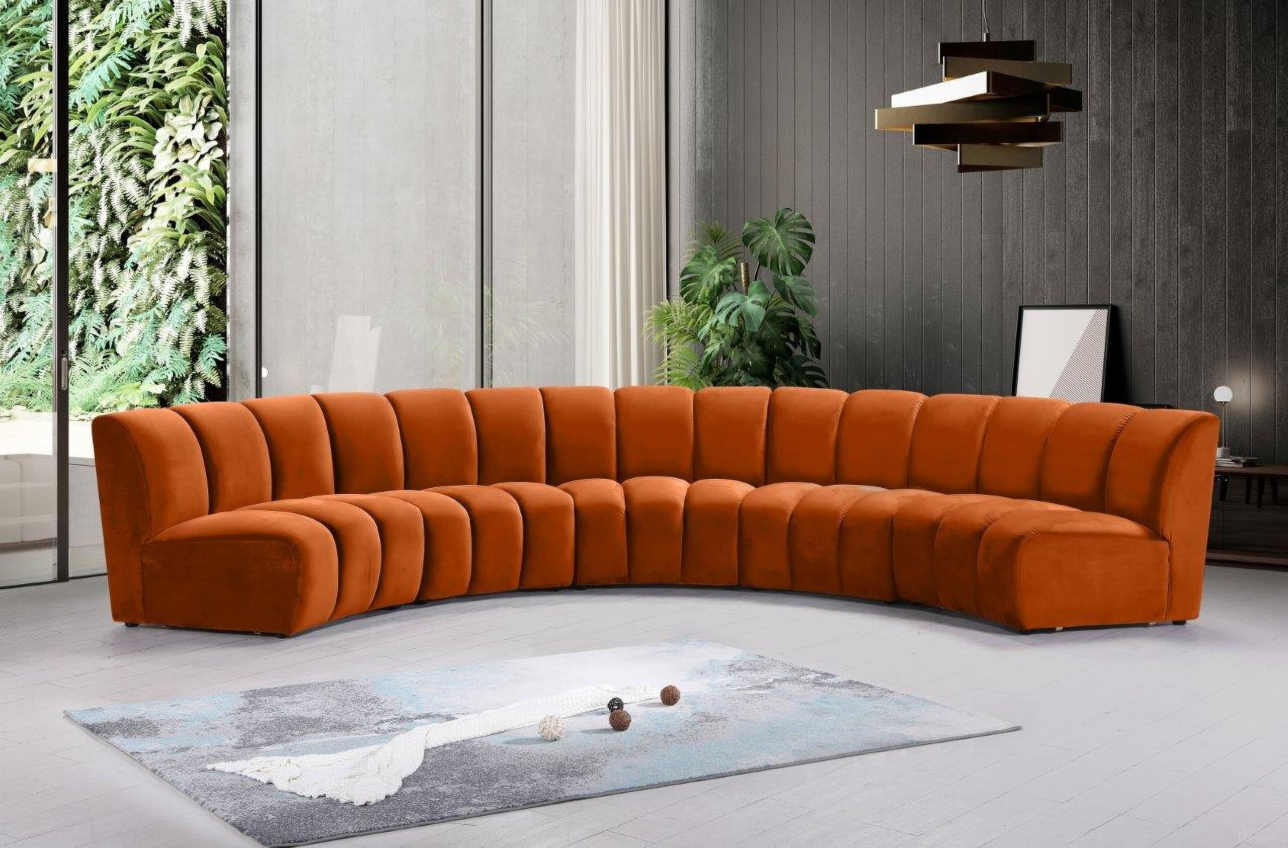 The appearance of Infinity 5-Piece Velvet Modular Sectional In Cognac designed by Meridian in the modern / contemporary interior design. This cognac piece of furniture  was selected by 1StopBedrooms from Infinity Collection to add a touch of cosiness and style into your home. Sku: 638Cognac-C;638Cognac-C;638Cognac-C;638Cognac-C;638Cognac-C. Material: Velvet. Layout: Curved.