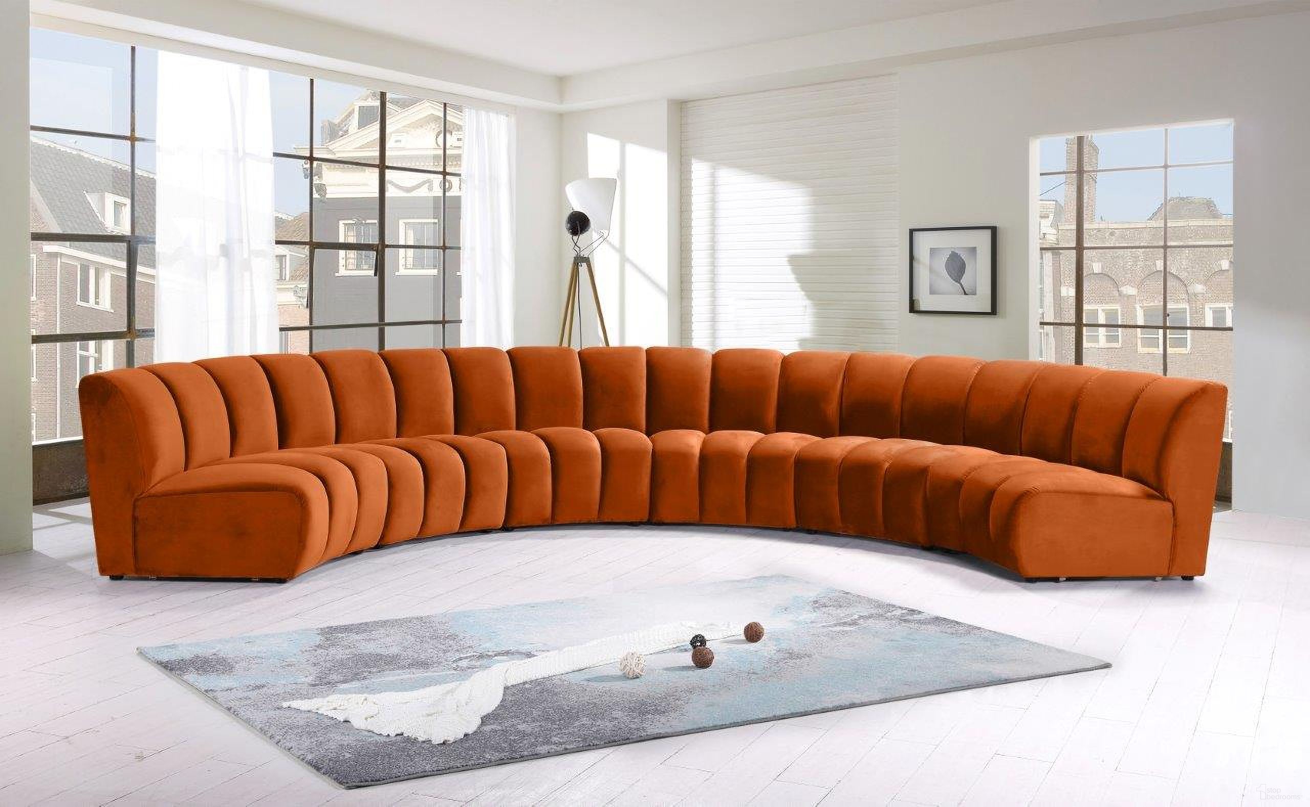 The appearance of Infinity 6-Piece Velvet Modular Sectional In Cognac designed by Meridian in the modern / contemporary interior design. This cognac piece of furniture  was selected by 1StopBedrooms from Infinity Collection to add a touch of cosiness and style into your home. Sku: 638Cognac-C;638Cognac-C;638Cognac-C;638Cognac-C;638Cognac-C;638Cognac-C. Material: Velvet. Layout: Curved.