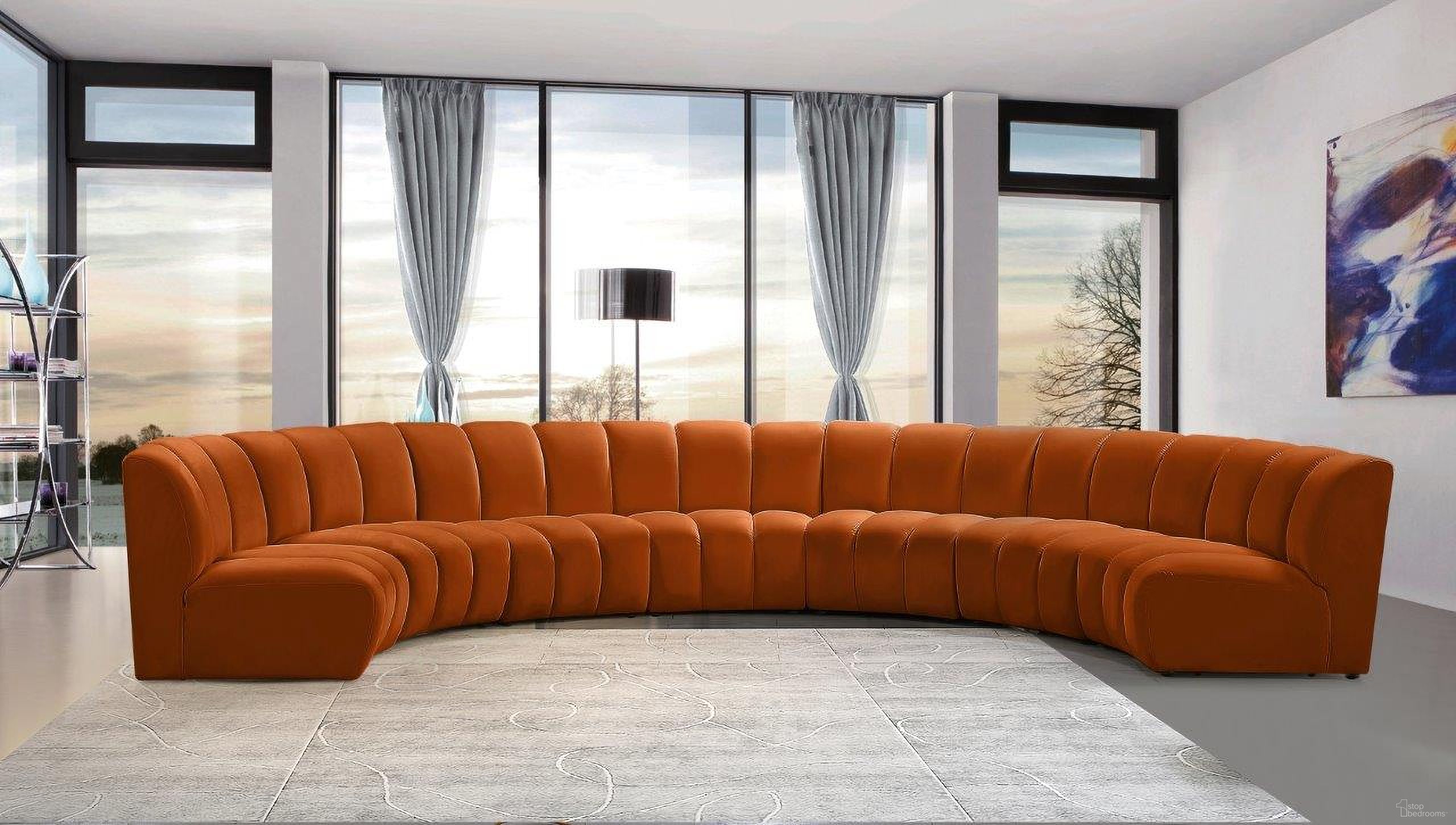 The appearance of Infinity 7-Piece Velvet Modular Sectional In Cognac designed by Meridian in the modern / contemporary interior design. This cognac piece of furniture  was selected by 1StopBedrooms from Infinity Collection to add a touch of cosiness and style into your home. Sku: 638Cognac-C;638Cognac-C;638Cognac-C;638Cognac-C;638Cognac-C;638Cognac-C;638Cognac-C. Material: Velvet. Layout: Curved.