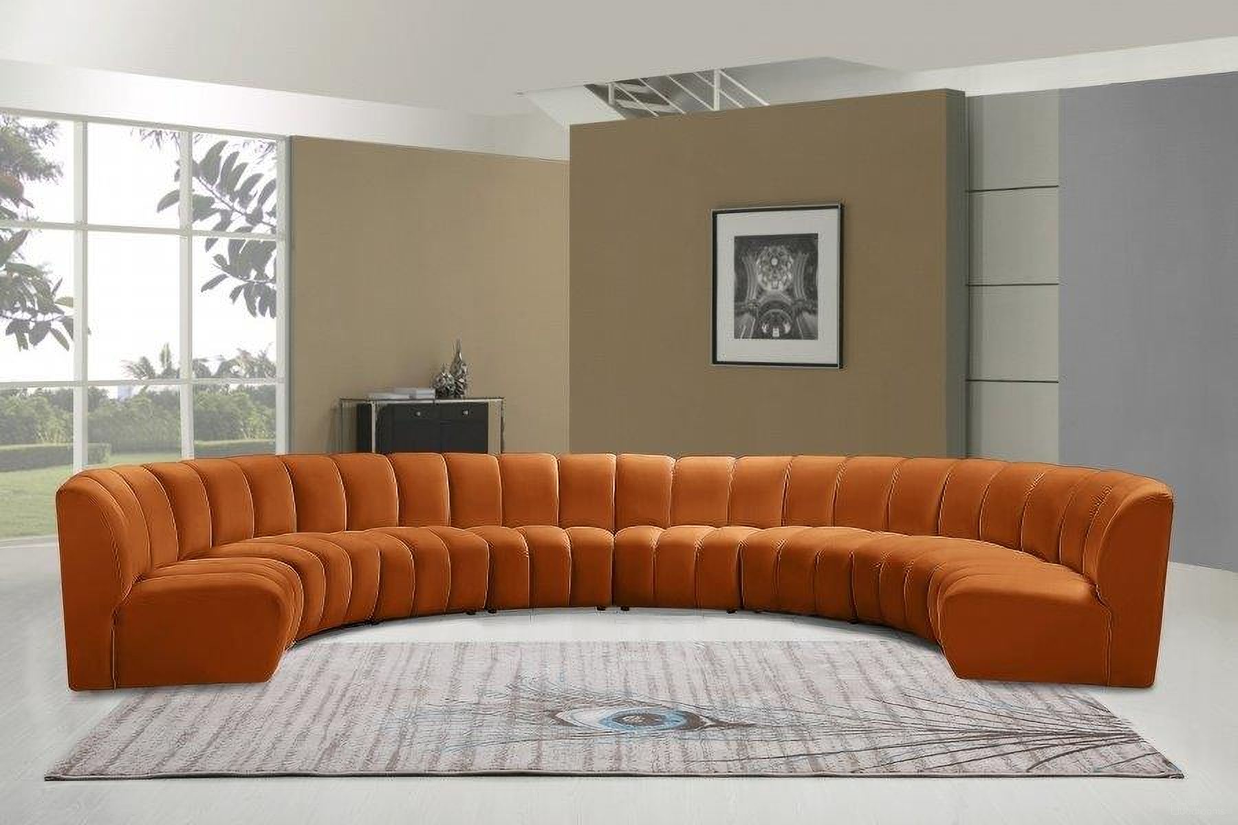 The appearance of Infinity 8-Piece Velvet Modular Sectional In Cognac designed by Meridian in the modern / contemporary interior design. This cognac piece of furniture was selected by 1StopBedrooms from Infinity Collection to add a touch of cosiness and style into your home. Sku: 638Cognac-C;638Cognac-C;638Cognac-C;638Cognac-C;638Cognac-C;638Cognac-C;638Cognac-C;638Cognac-C. Material: Velvet. Layout: Curved.