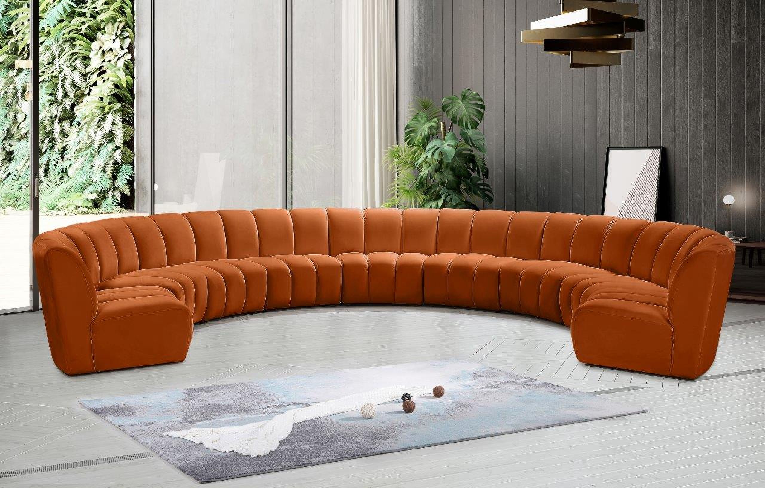 The appearance of Infinity 9-Piece Velvet Modular Sectional In Cognac designed by Meridian in the modern / contemporary interior design. This cognac piece of furniture  was selected by 1StopBedrooms from Infinity Collection to add a touch of cosiness and style into your home. Sku: 638Cognac-C;638Cognac-C;638Cognac-C;638Cognac-C;638Cognac-C;638Cognac-C;638Cognac-C;638Cognac-C;638Cognac-C. Material: Velvet. Layout: Curved.