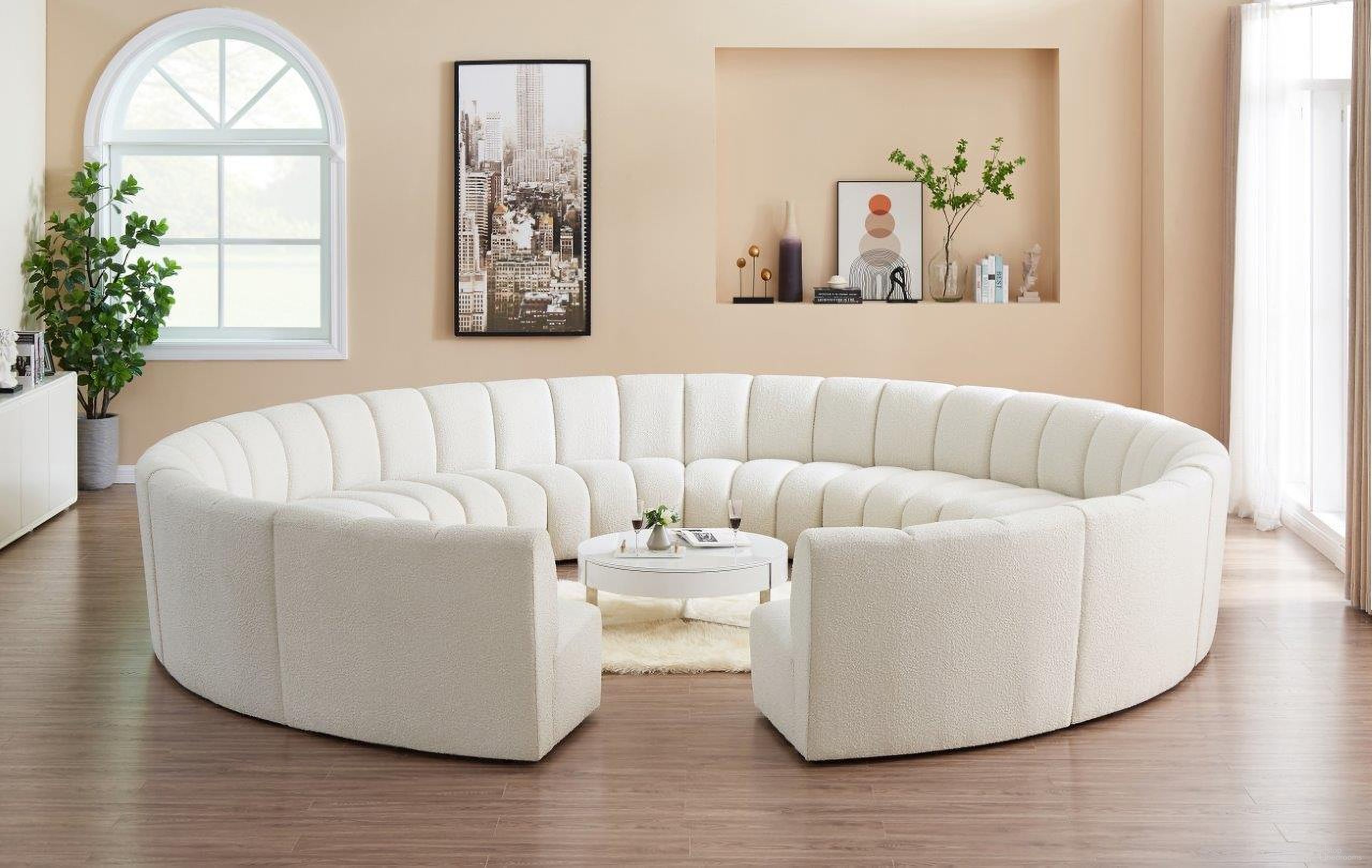The appearance of Infinity 12-Piece Boucle Fabric Modular Sectional In Cream designed by Meridian in the modern / contemporary interior design. This cream piece of furniture  was selected by 1StopBedrooms from Infinity Collection to add a touch of cosiness and style into your home. Sku: 643Cream-C;643Cream-C;643Cream-C;643Cream-C;643Cream-C;643Cream-C;643Cream-C;643Cream-C;643Cream-C;643Cream-C;643Cream-C;643Cream-C. Material: Wood. Layout: Curved.