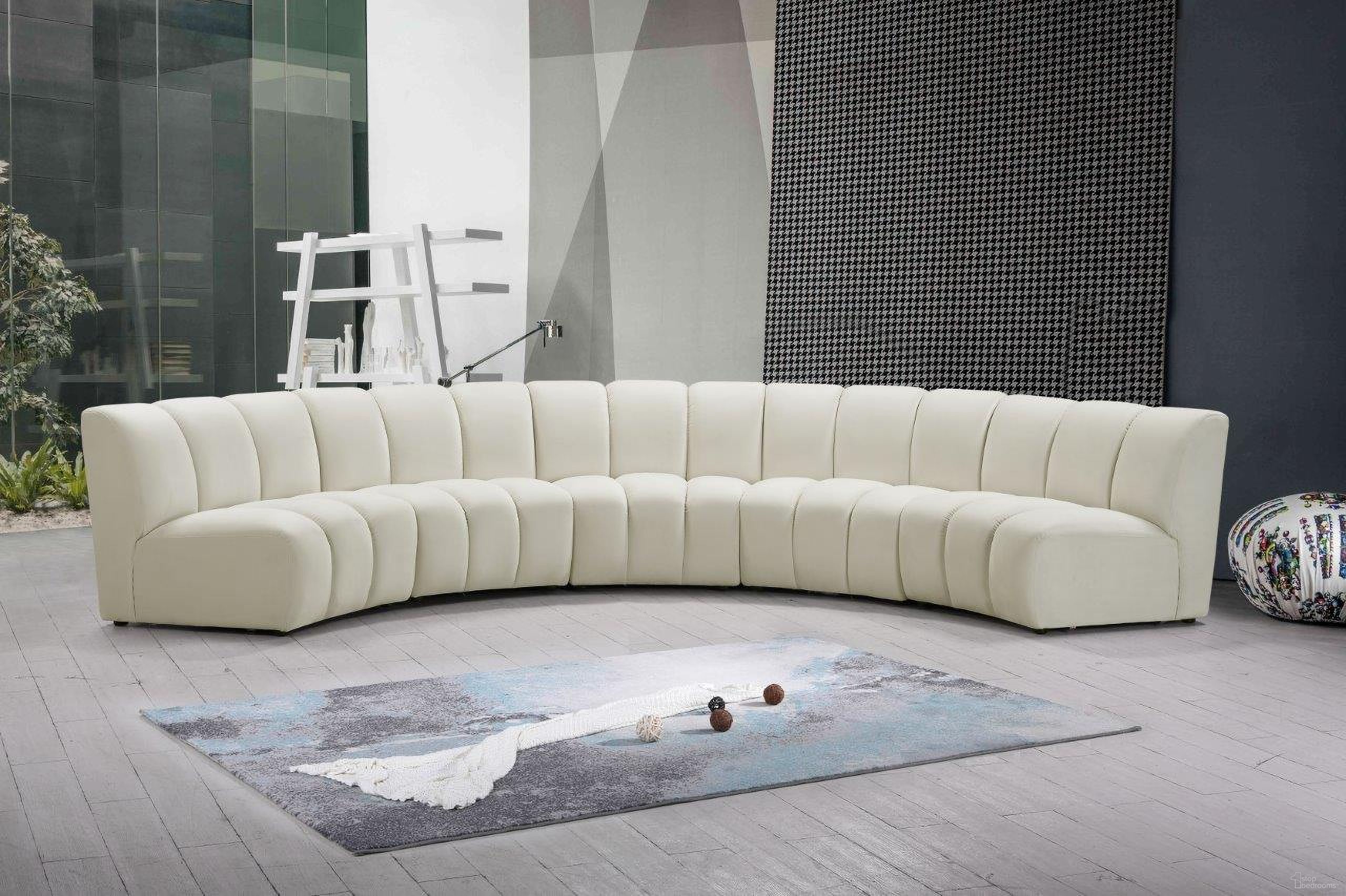 The appearance of Infinity 5-Piece Velvet Modular Sectional In Cream designed by Meridian in the modern / contemporary interior design. This cream velvet piece of furniture was selected by 1StopBedrooms from Infinity Collection to add a touch of cosiness and style into your home. Sku: 638Cream-C;638Cream-C;638Cream-C;638Cream-C;638Cream-C. Material: Velvet. Layout: Curved.
